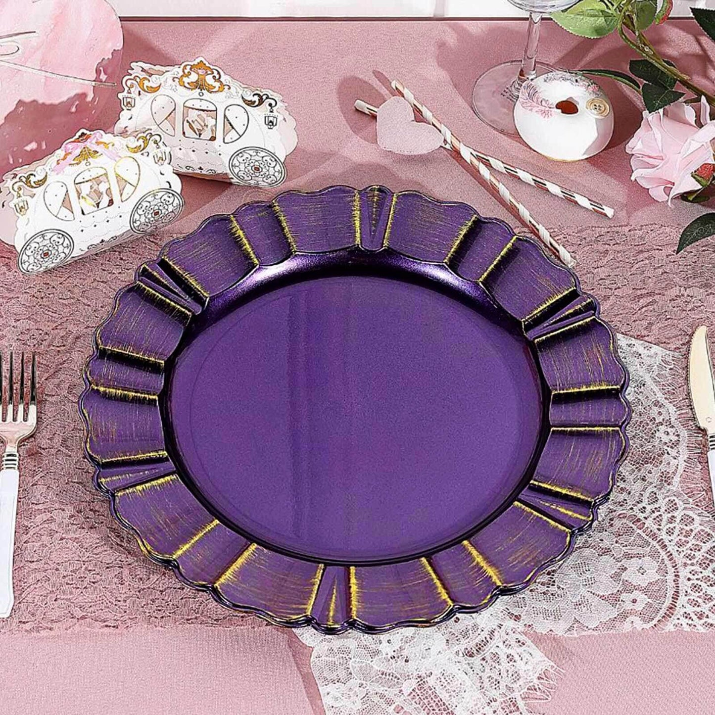 6-Pack Acrylic Plastic Round Charger Plates 13" in Purple with Gold Brushed Wavy Scalloped Rim, Decorative Dinner Party Charger Tableware
