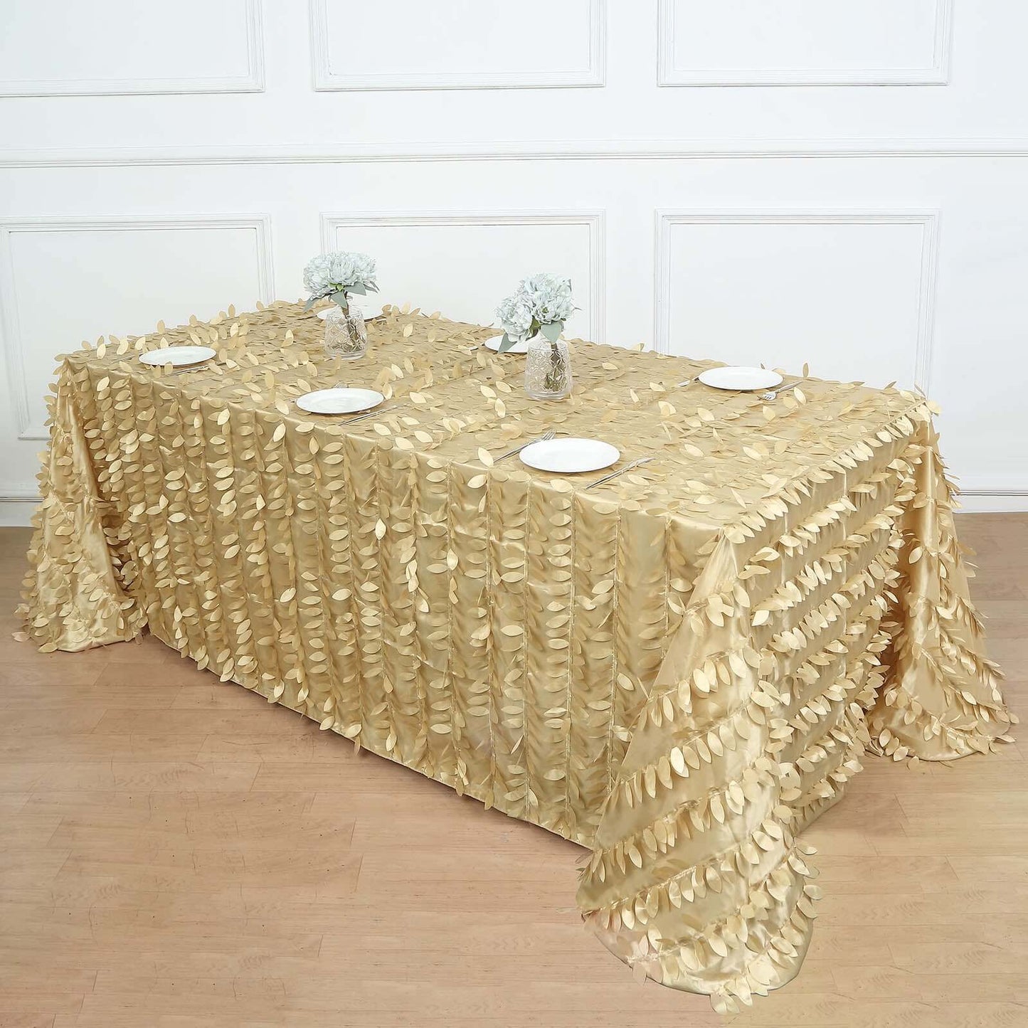 Taffeta 90"x132" Rectangle Tablecloth Champagne | 3D Leaf Petal Design Seamless Table Cover
