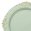 10-Pack Plastic 8" Round Dessert Plates in Sage Green with Gold Leaf Embossed Rim - Disposable Vintage Baroque Style Salad Plates