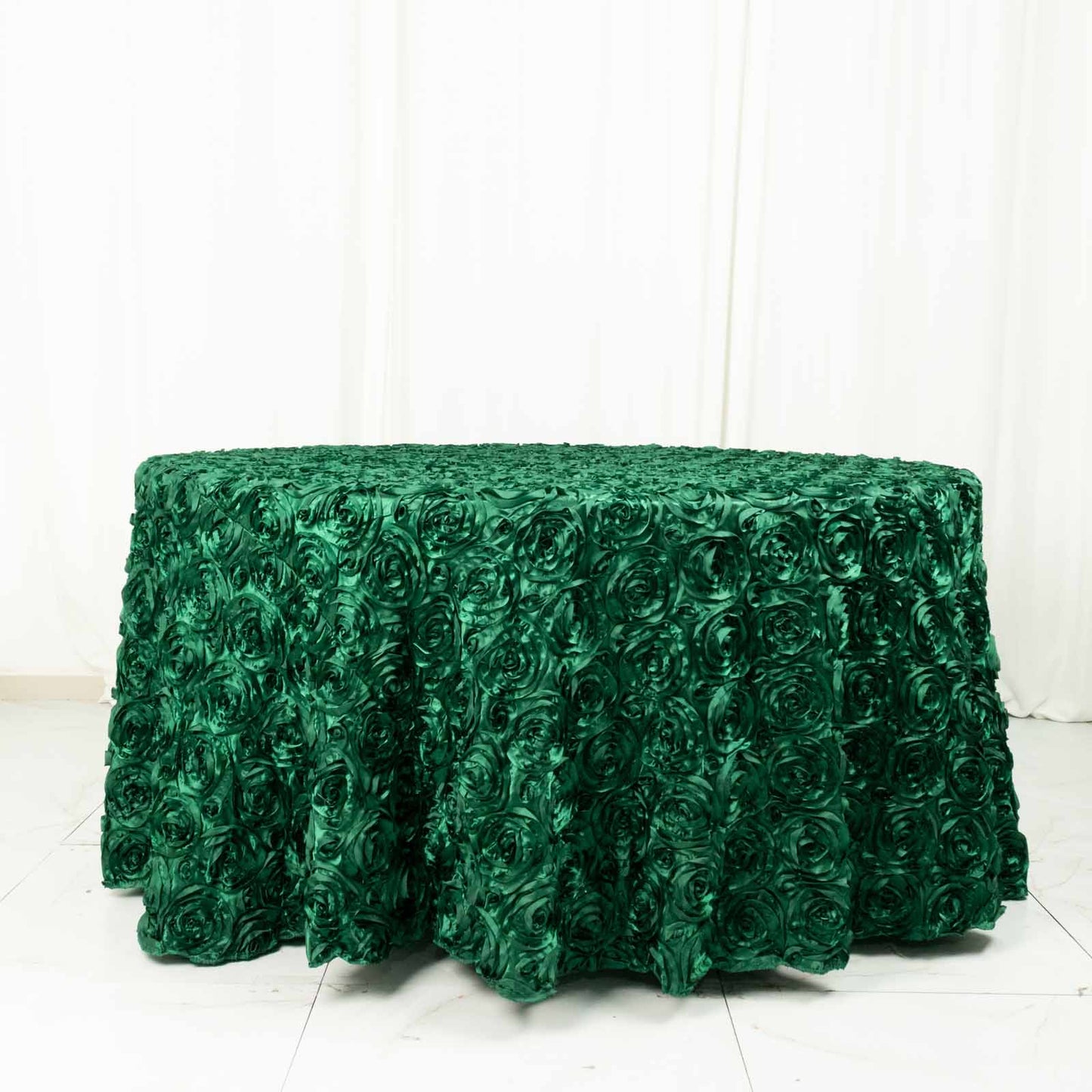 Satin 120" Round Tablecloth Hunter Emerald Green - Grandiose 3D Rosette with Seamless Finish Table Cover
