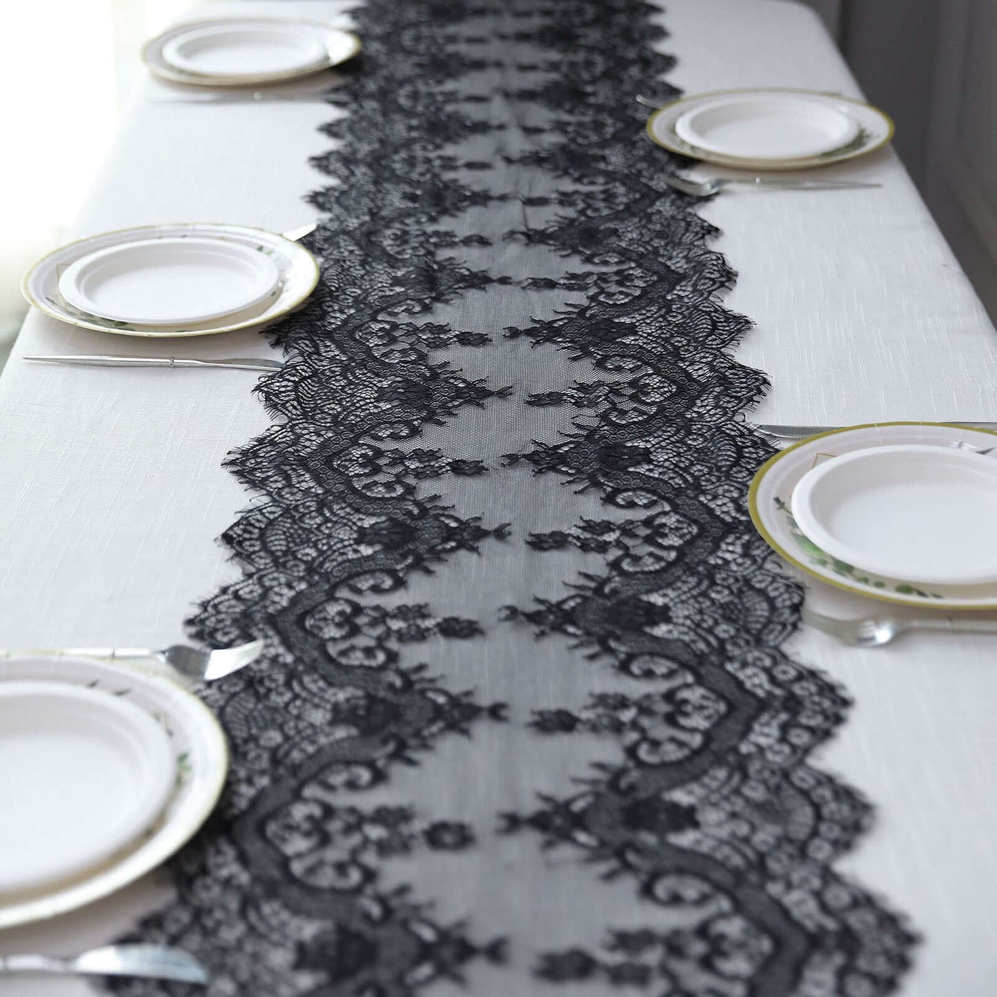 Premium Lace Fabric 15"x117" Table Runner Black - Scalloped Lace Elegance