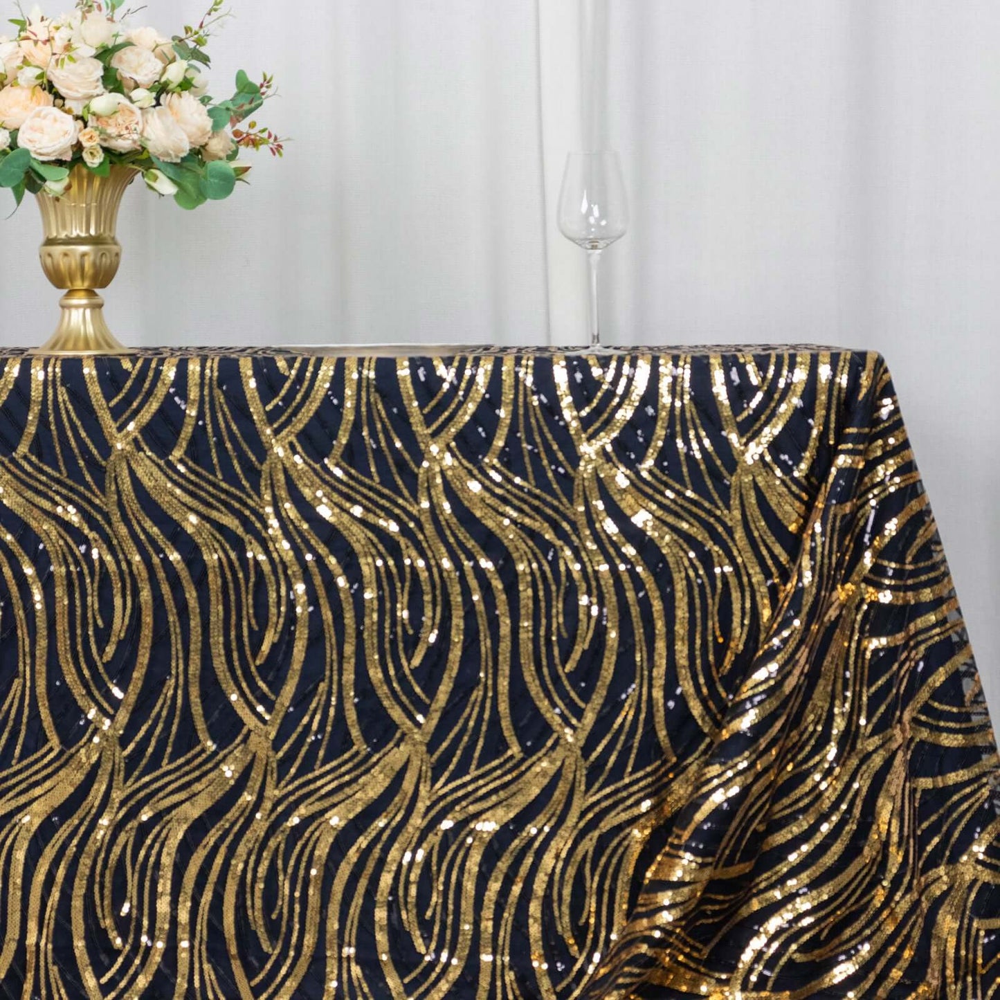 Mesh 90"x156" Rectangle Tablecloth Black/Gold - Wave Sequin Embroidered Table Cover