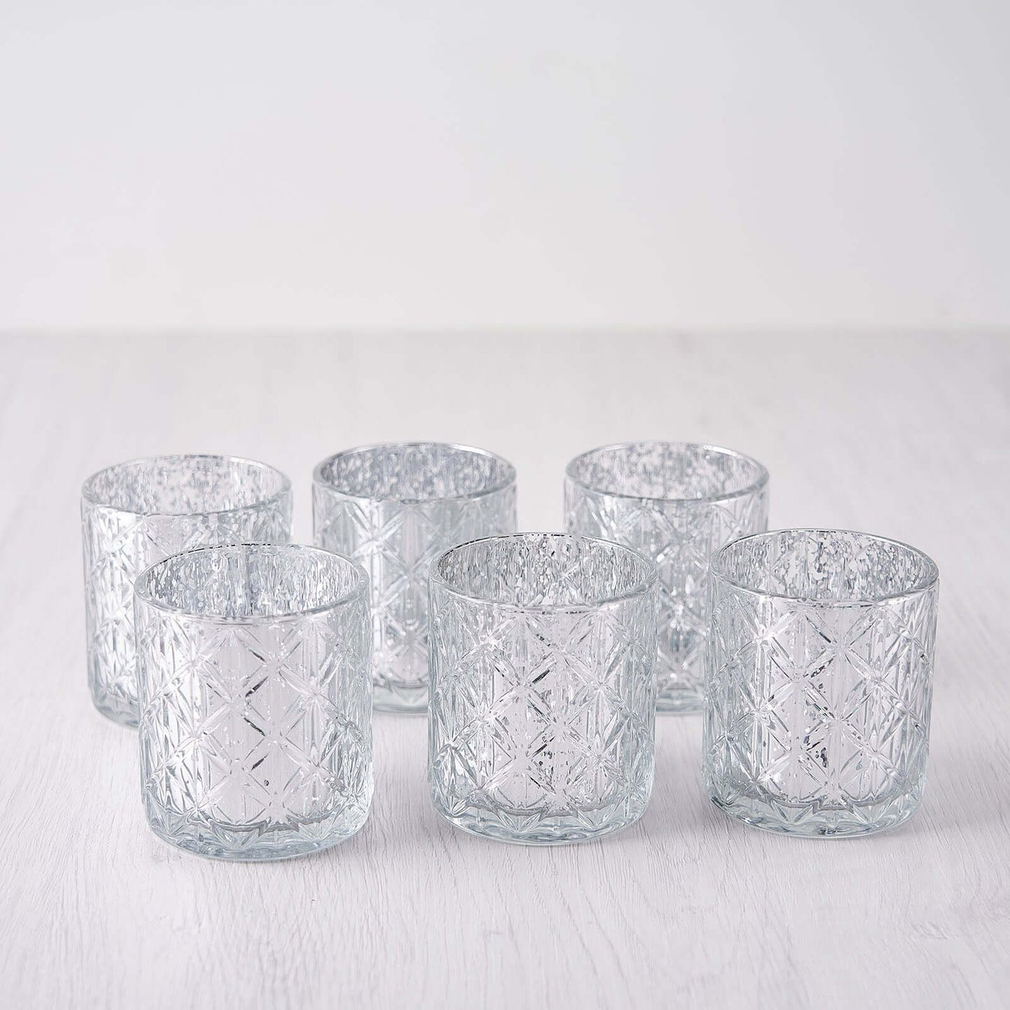6-Pack Mercury Glass Candle Holders Shiny Silver with Geometric Design - Votive Tealight Holders 3"