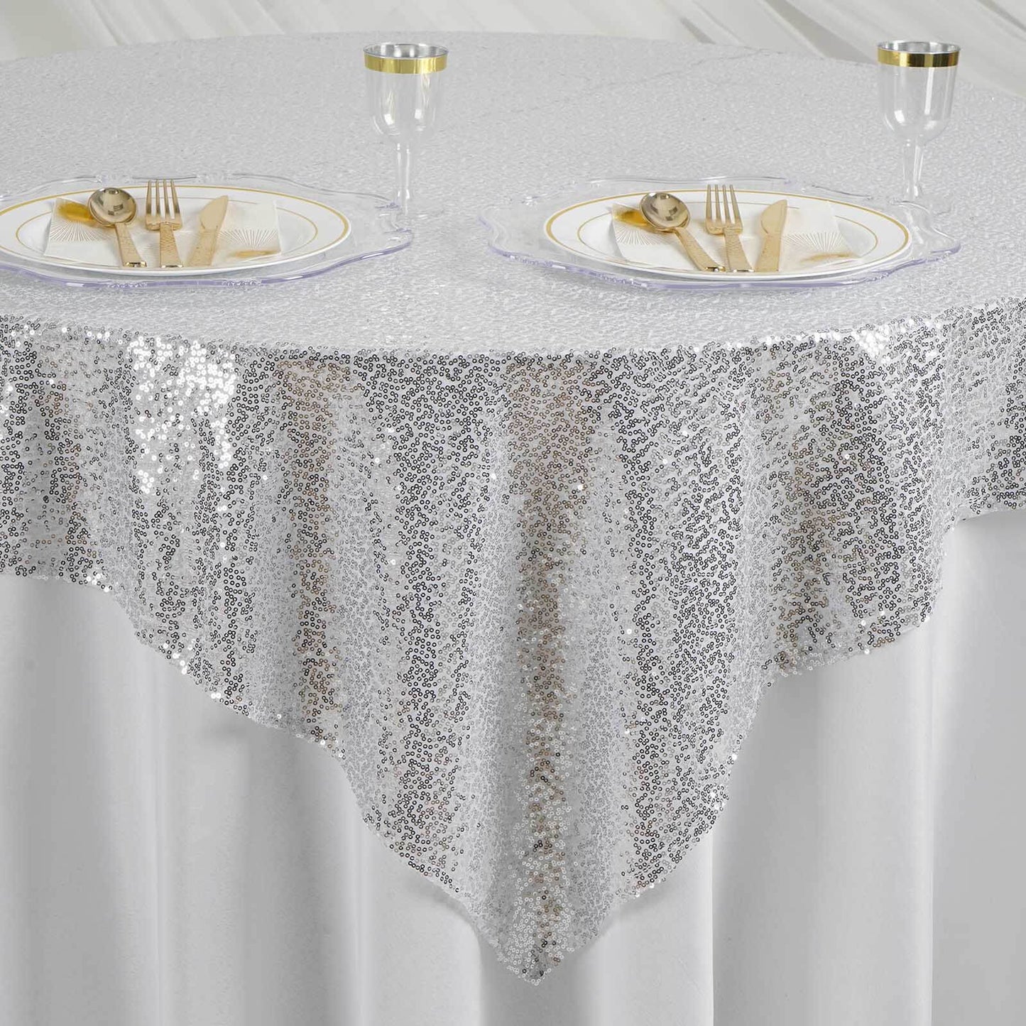 Sequin 60"x60" Table Overlay Square Tablecloth Silver - Luxe Wedding Table Topper