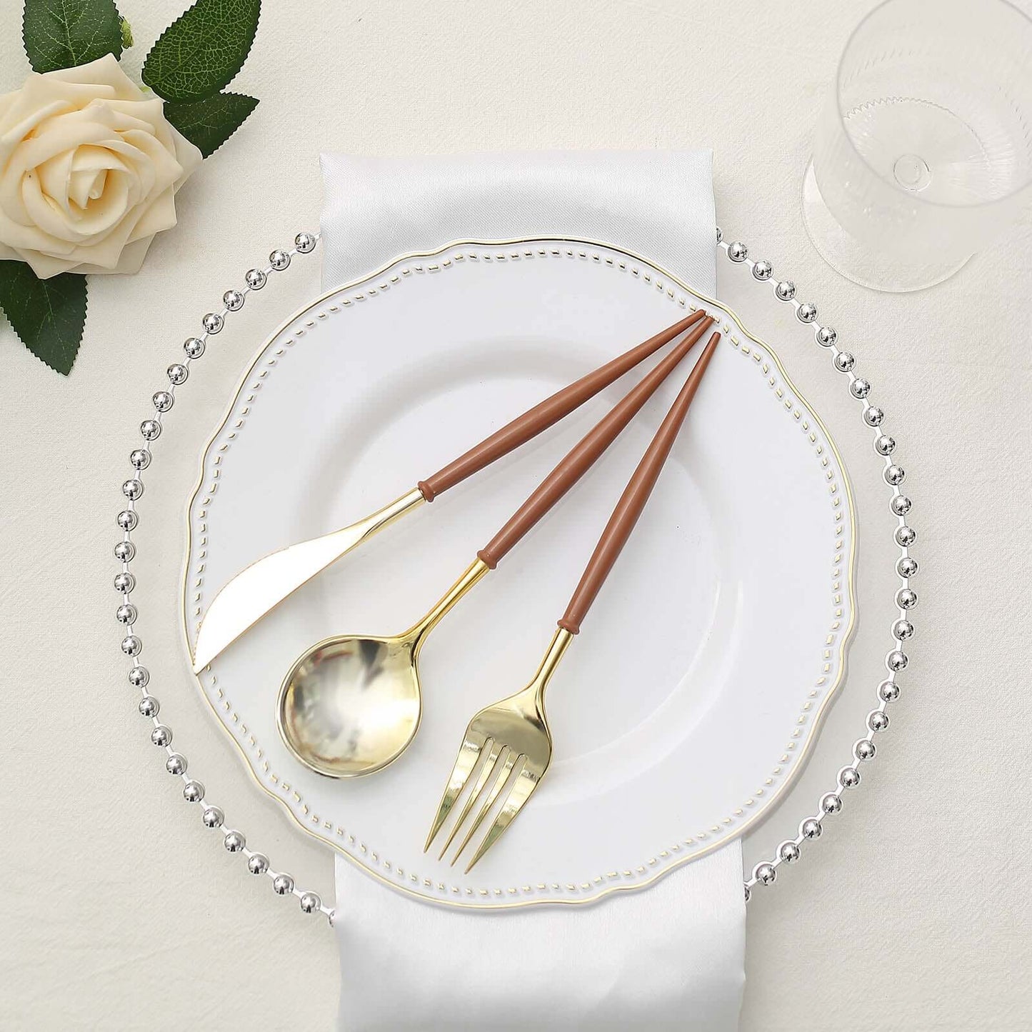 24-Pack Plastic Flatware Set in Metallic Gold with Brown Handle - Heavy Duty Disposable Modern Silverware 8"