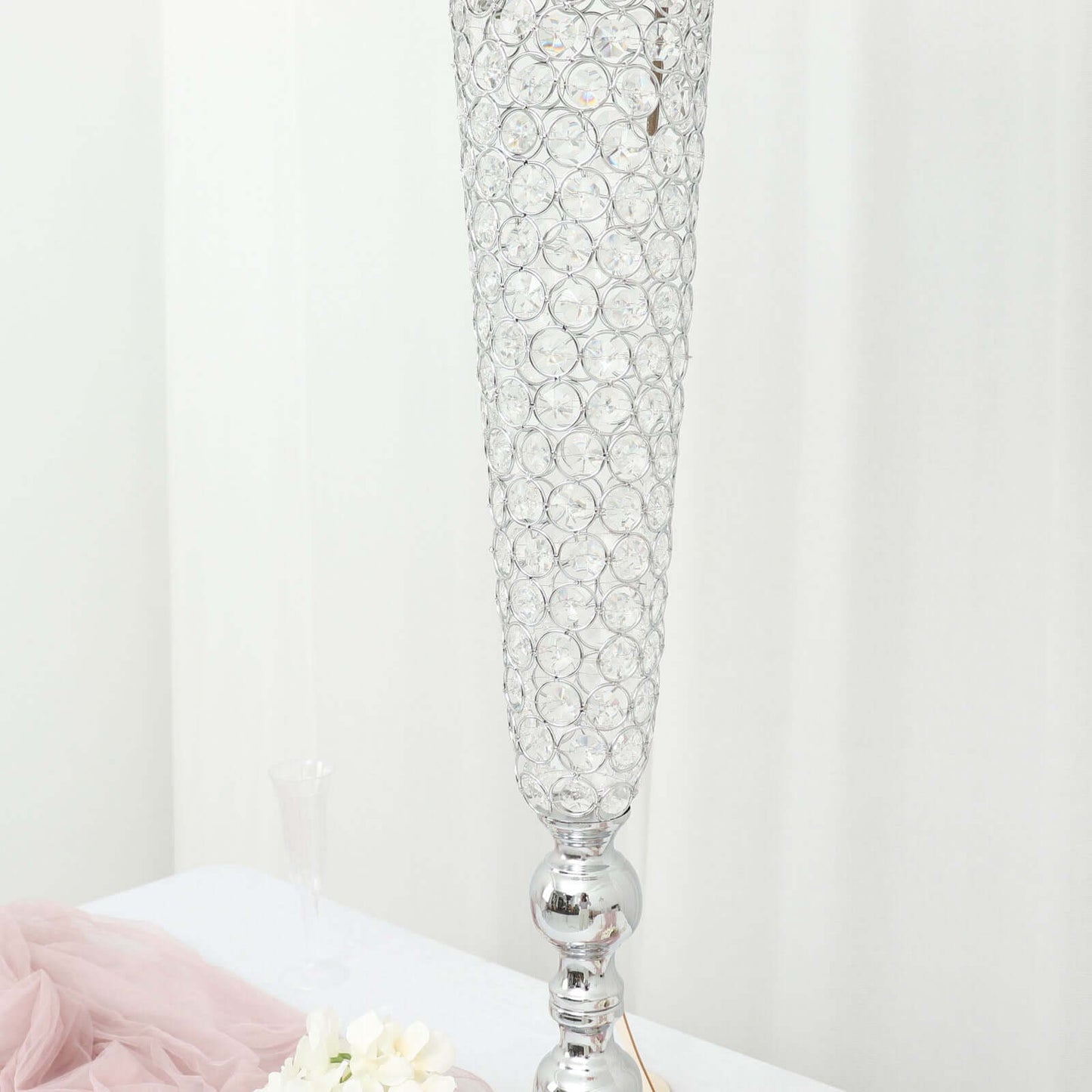 2-Pack Crystal Beaded Trumpet Vase Set Silver - Table Centerpiece for Grand Occasions 40"