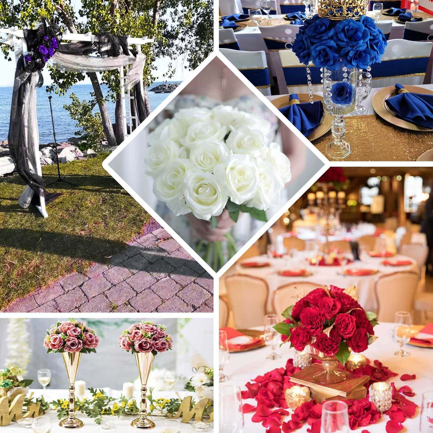 12" Ice Blue Artificial Velvet-Like Fabric Rose Flower Bouquet Bush