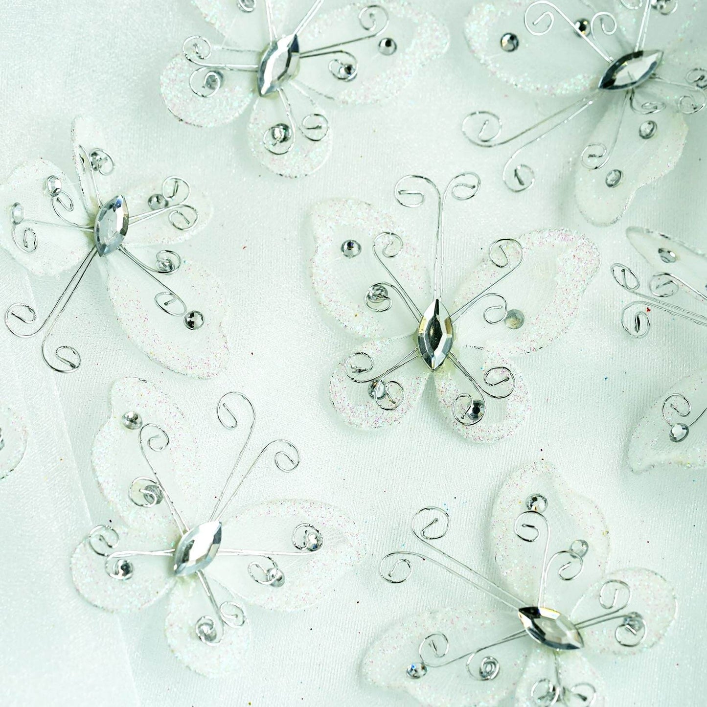 12 Pack 2" White Diamond Studded Wired Organza Butterflies