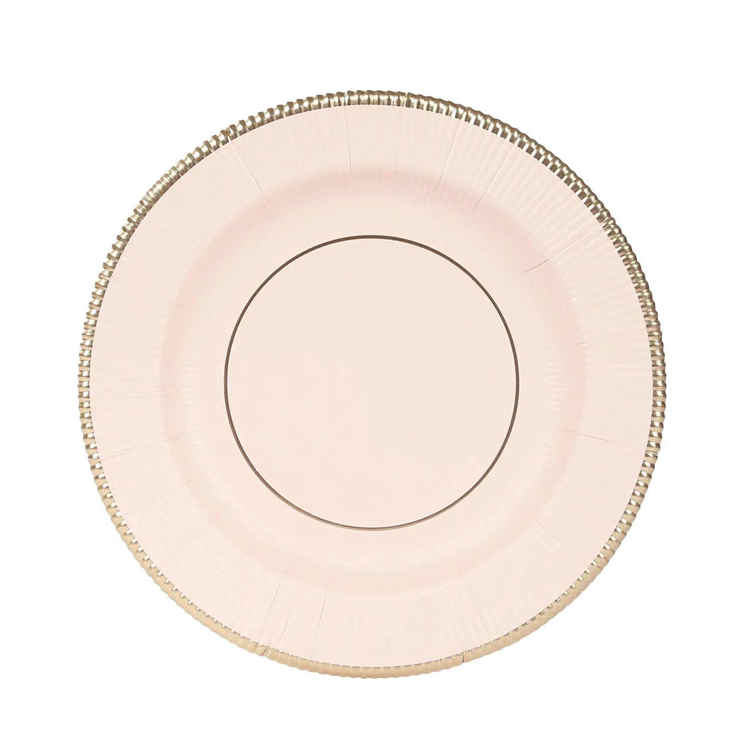 25-Pack Paper 8" Round Dessert Plates in Blush Sunray Design with Gold Rim - Disposable Heavy Duty 350GSM Appetizer Salad Plates