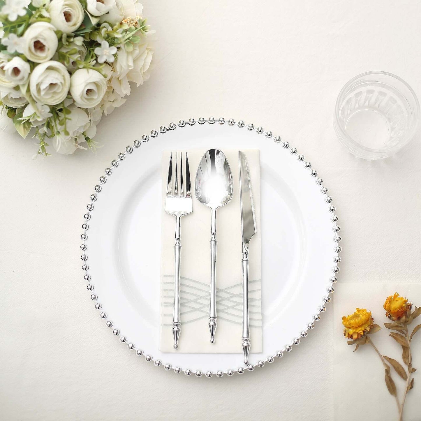 10-Pack Plastic 10" Round Dinner Plates in White with Silver Beaded Rim - Disposable Party Plates for Banquets & Festive Occasions