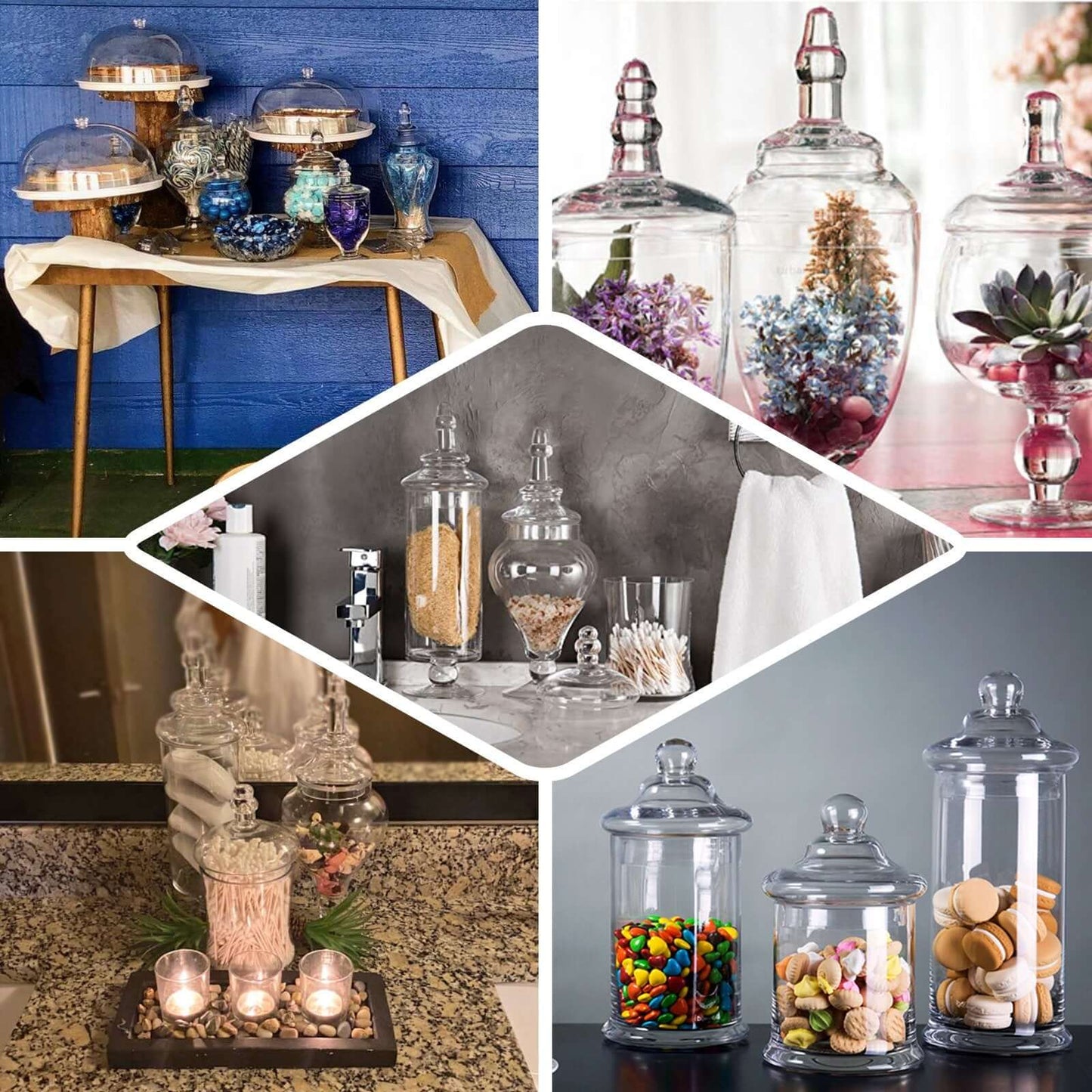 Set of 3 Glass Jars Apothecary Design Clear and Snap-On Lids - Stylish Decorative Candy Buffet Storage 8.5", 9", 10"