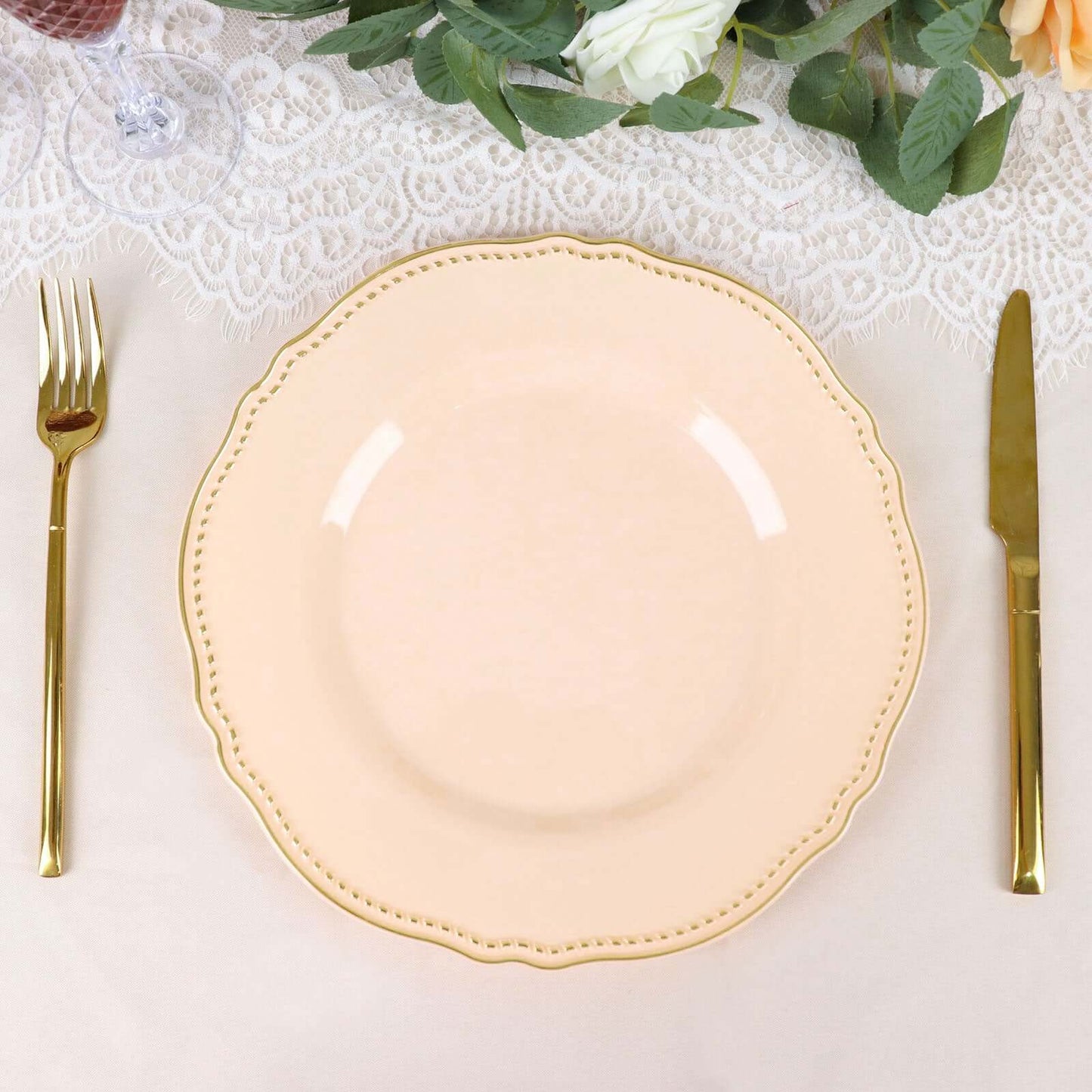 10-Pack Plastic 10" Dinner Plates in Nude with Gold Scalloped Rim - Disposable Large Party Plates