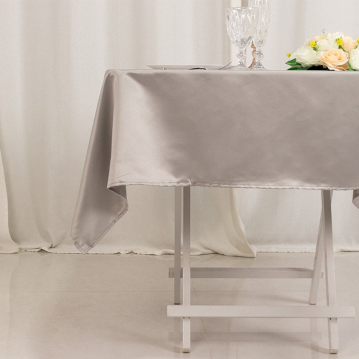 Lamour Satin 54"x54" Square Tablecloth Silver - Durable & Silk-Like Table Cover