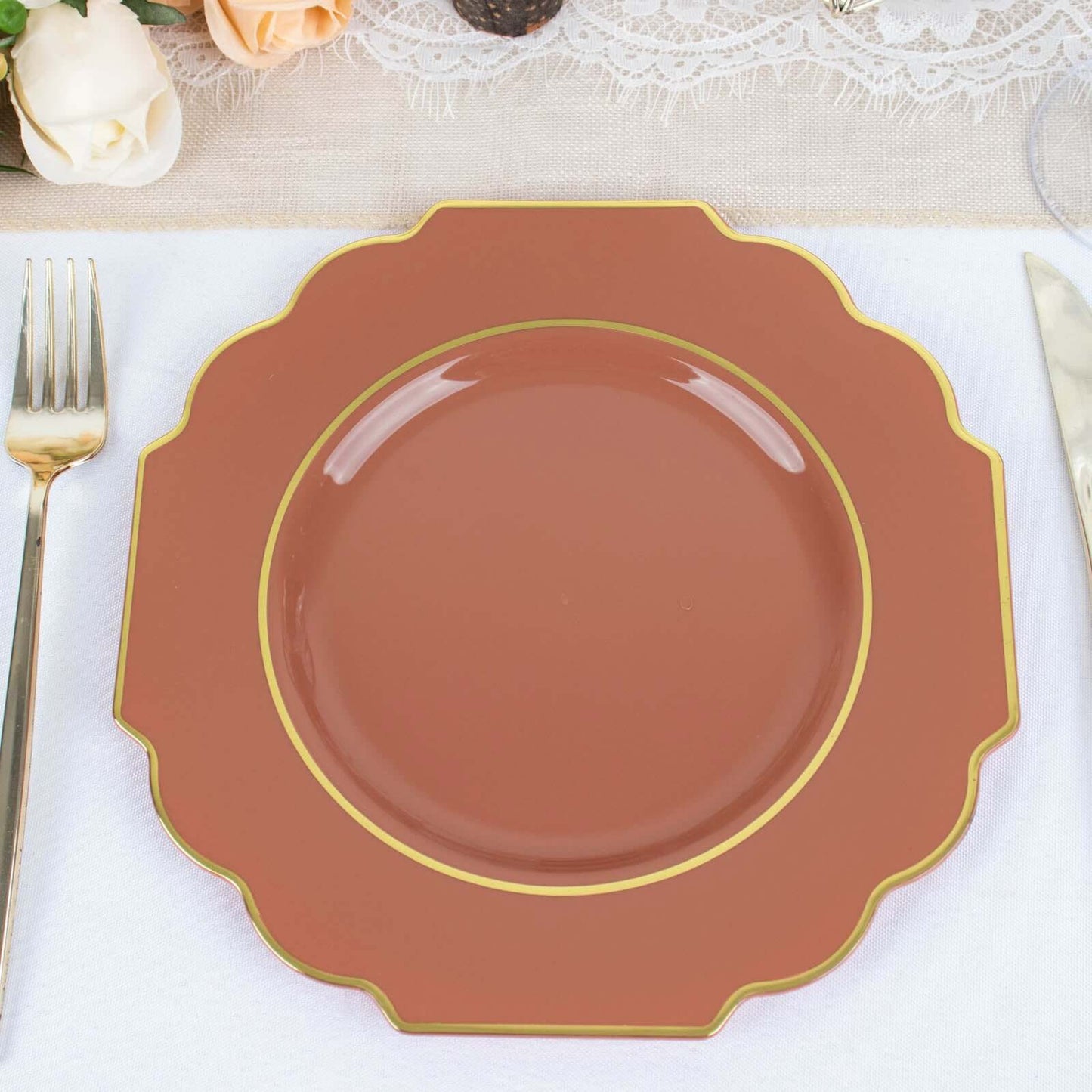 10-Pack Plastic Dessert Appetizer Plates in Terracotta (Rust) Baroque Design with Scalloped Gold Rim - Heavy Duty Disposable Salad Plates 8"