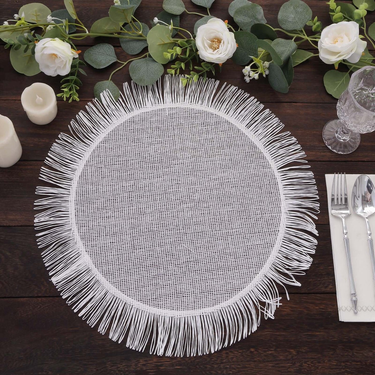 4-Pack Placemats Fringe Edge Design White Jute Round - Rustic Boho Chic Burlap Table Decor 16"