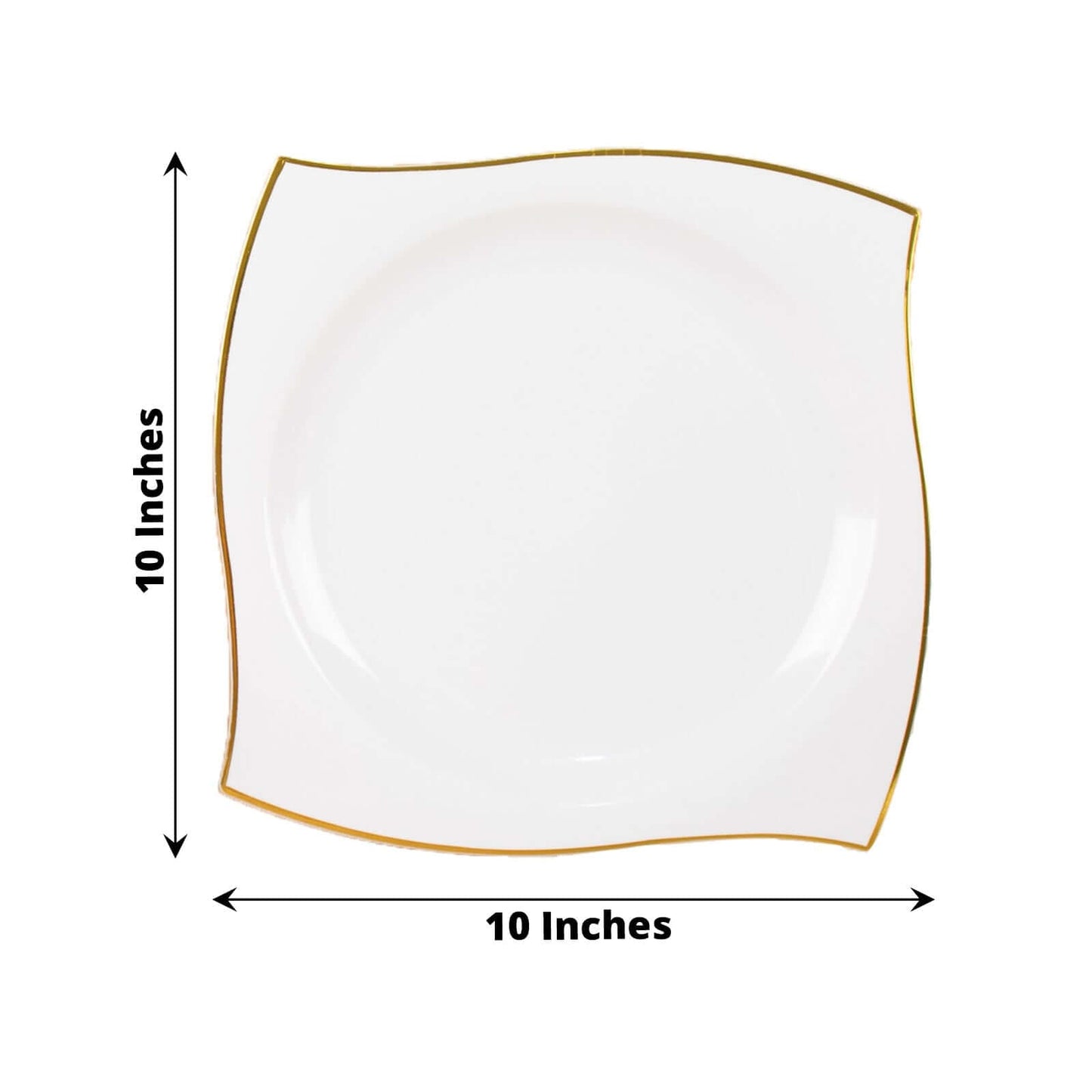 10-Pack Plastic 10" Square Dinner Plates in White with Gold Wavy Rim Modern - Disposable Party Plates for Luxe Events & Banquets