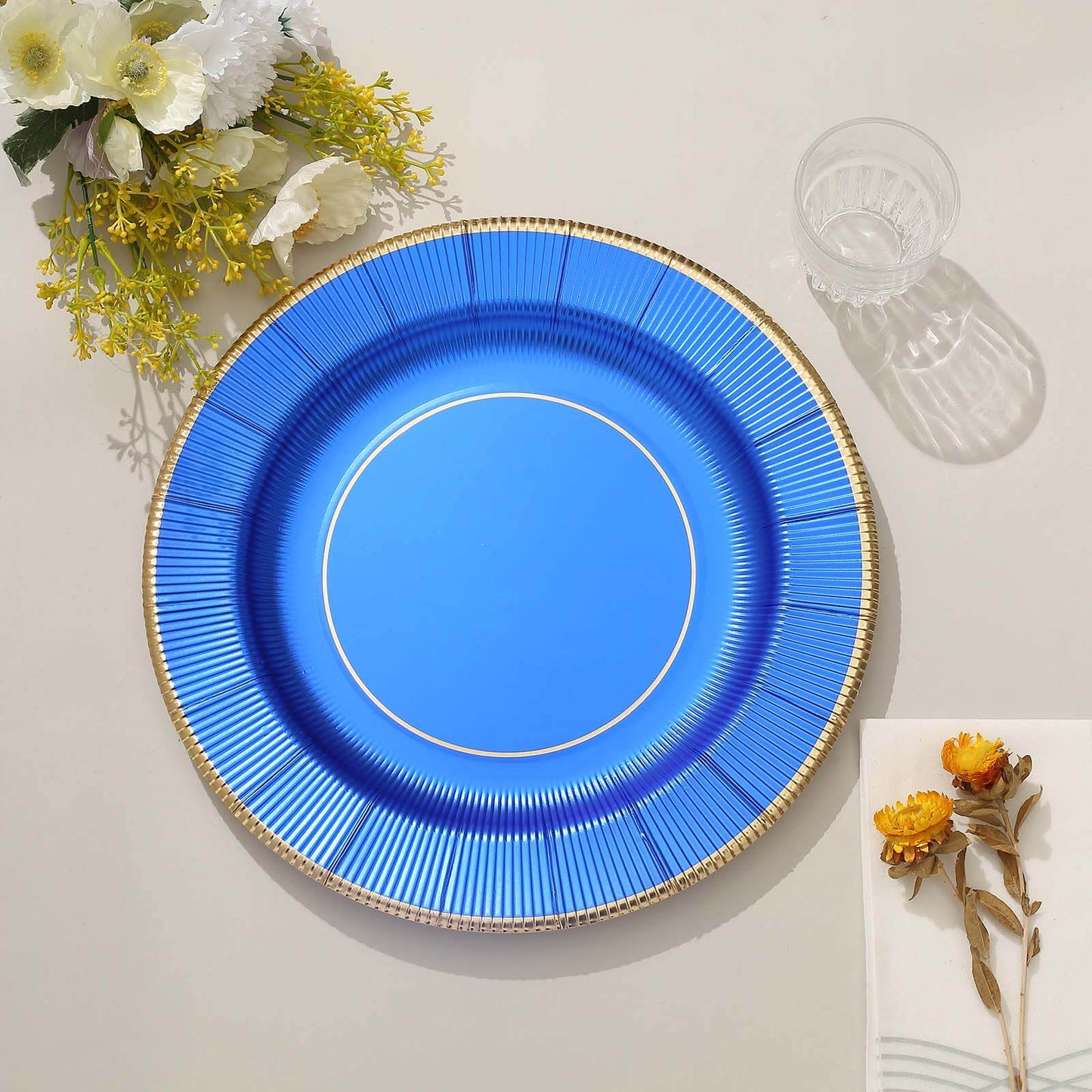 25-Pack Disposable Round Charger Plates in Royal Blue Sunray Design with Gold Rim - 350GSM Heavy Duty Paper Chargers 13"