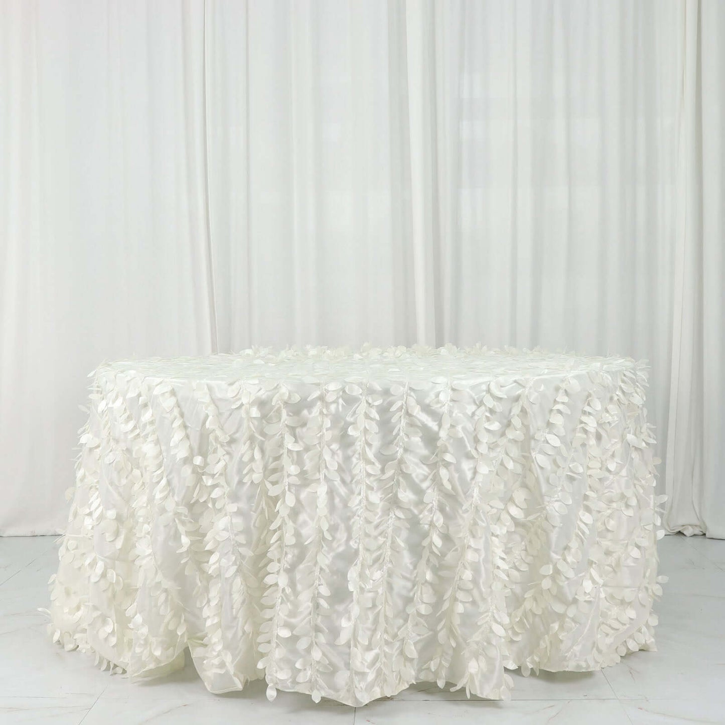Taffeta 132" Round Tablecloth Ivory | 3D Leaf Petal Design Seamless Table Cover
