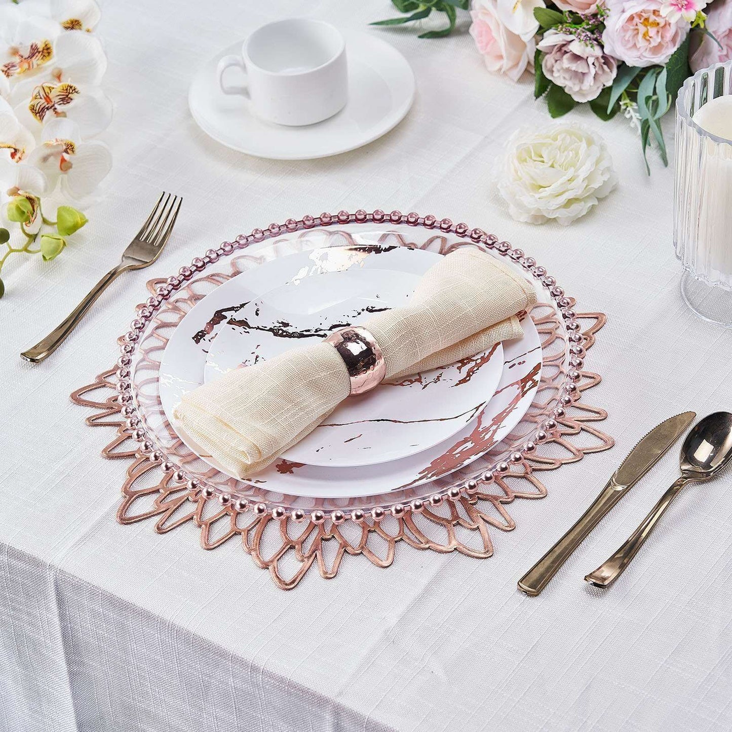 6-Pack Dining Table Mats Floral Design Rose Gold - Metallic Vinyl Round Non-Slip Mats for Tables 15"