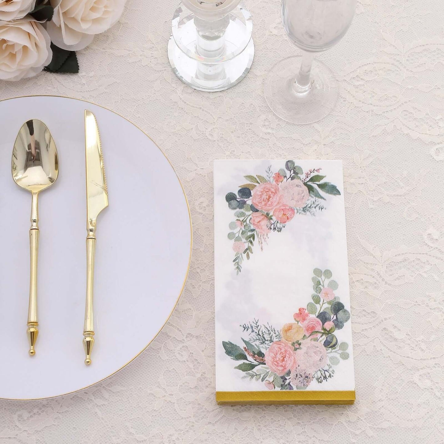 20-Pack Paper Dinner Napkins White with Pink Peony Flowers and Gold Edge 2-Ply - Stylish Disposable Napkins for Events