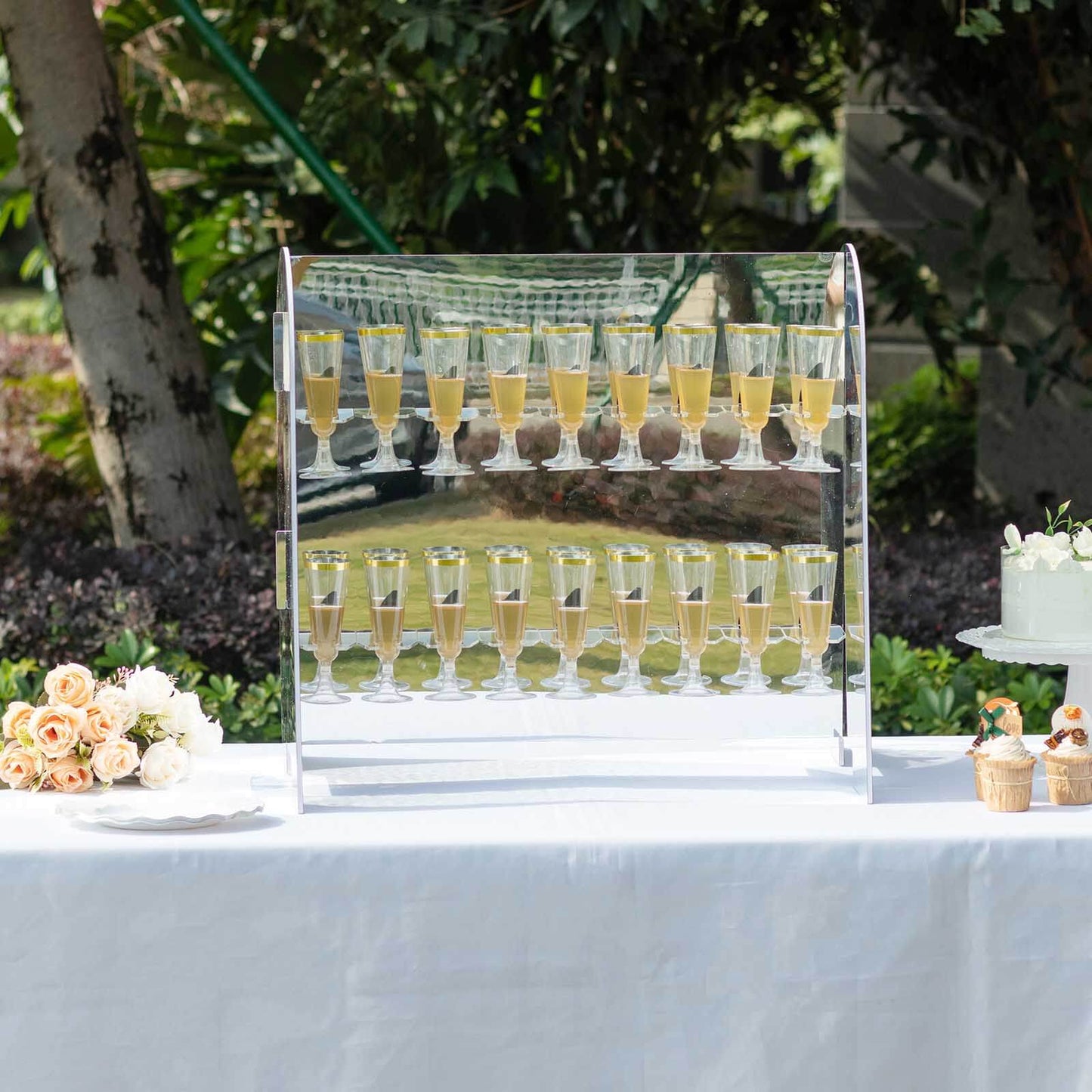 2-Tier Champagne Glass Holder Display Stand Table Top in Silver Mirror Finish - Modern Stemware Rack Cocktail Drink Holder with 18 Hooks for Events & DIY Bars 25"