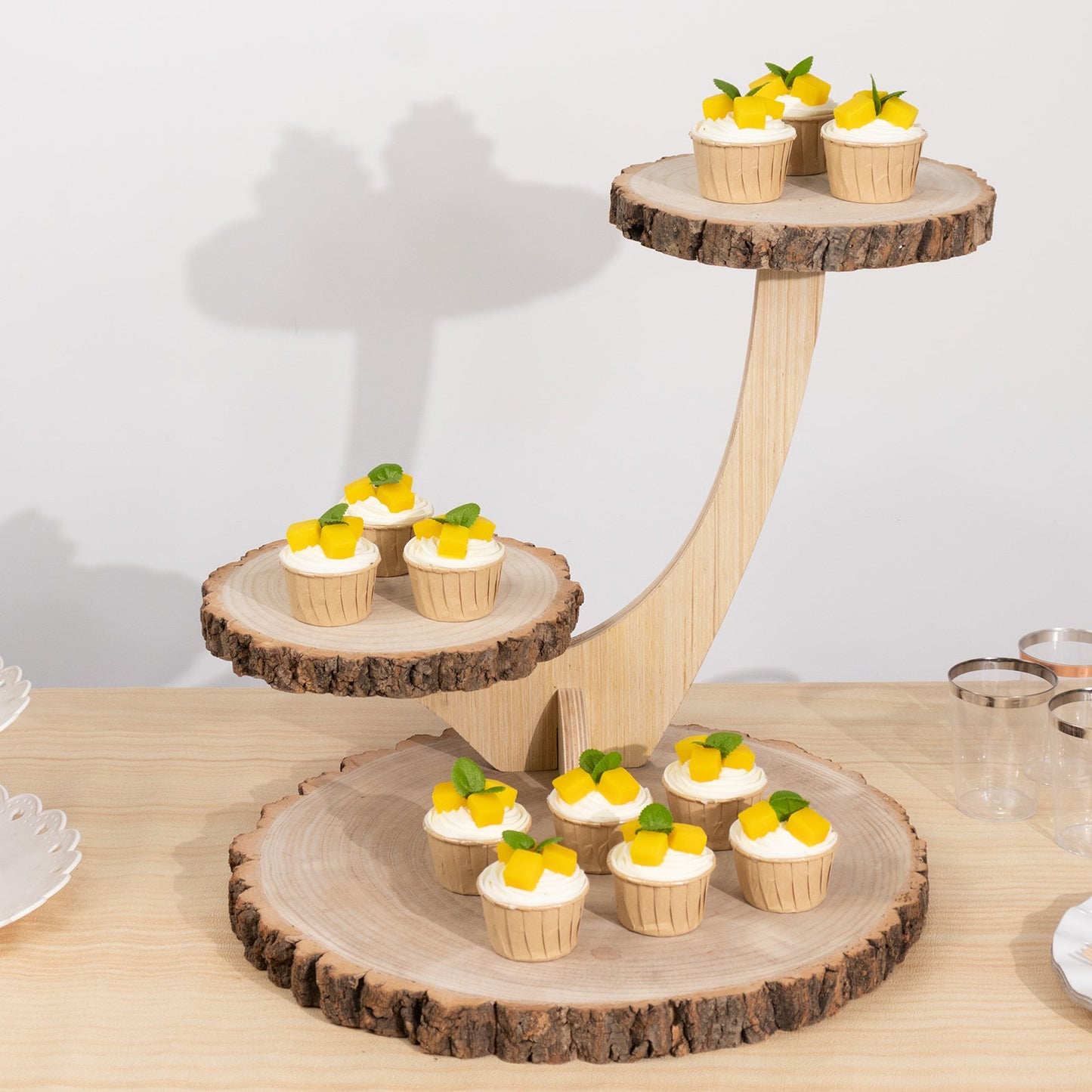 3-Tier Wooden Cupcake Stand Rustic Natural Wood Slice with Tree Branch Style - Farmhouse Dessert Display Cake Holder 17"