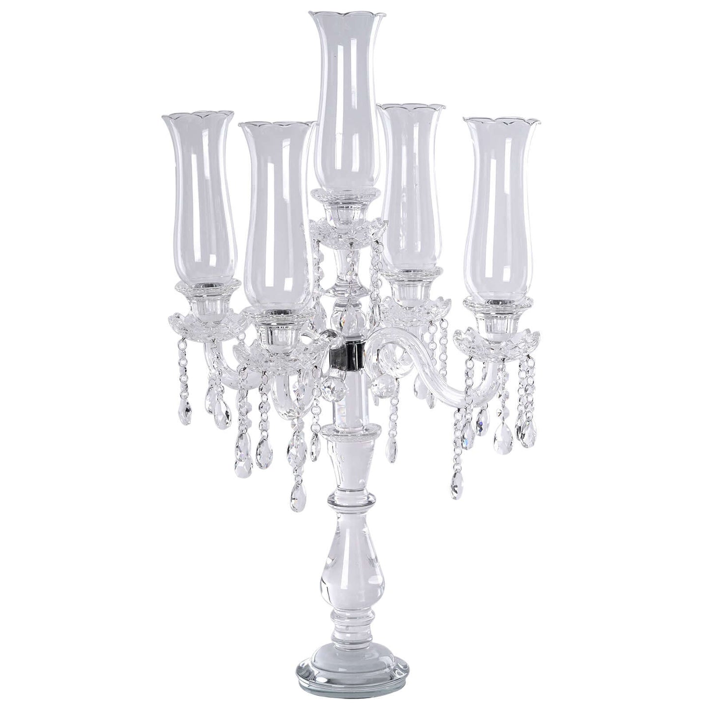 5 Arm Crystal Glass Taper Candle Holder Candelabra, Stylish Table Centerpiece With Chandelier Chains 32"