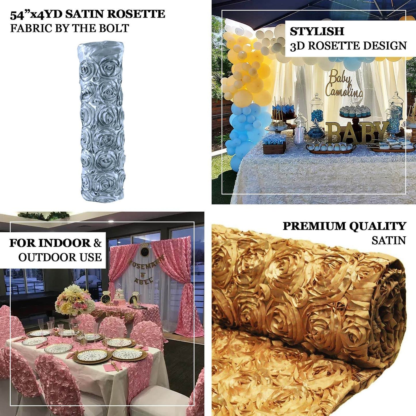 54"x4yd White Satin Rosette Fabric By The Bolt, DIY Craft Fabric Roll