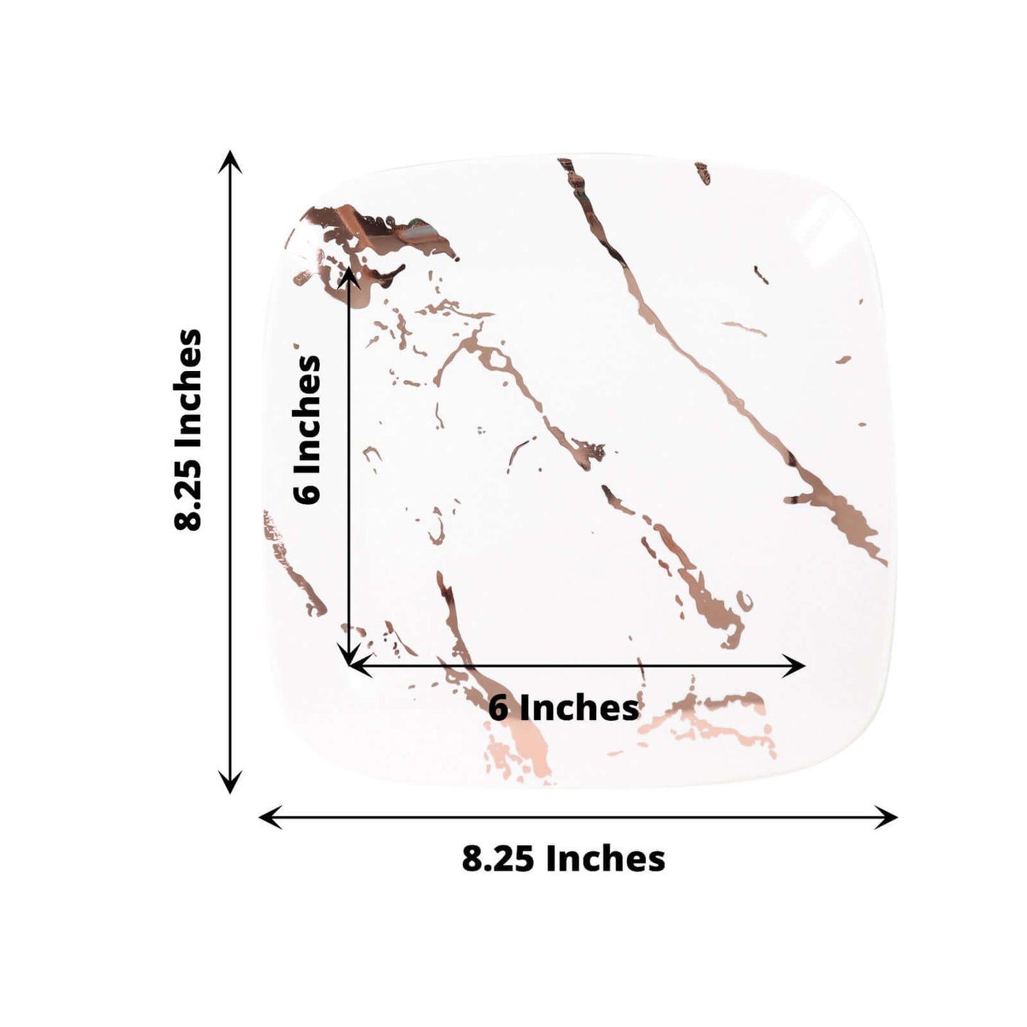10-Pack Plastic 8" Square Dessert Plates in White with Rose Gold Marble Design - Disposable Appetizer Salad Party Plates