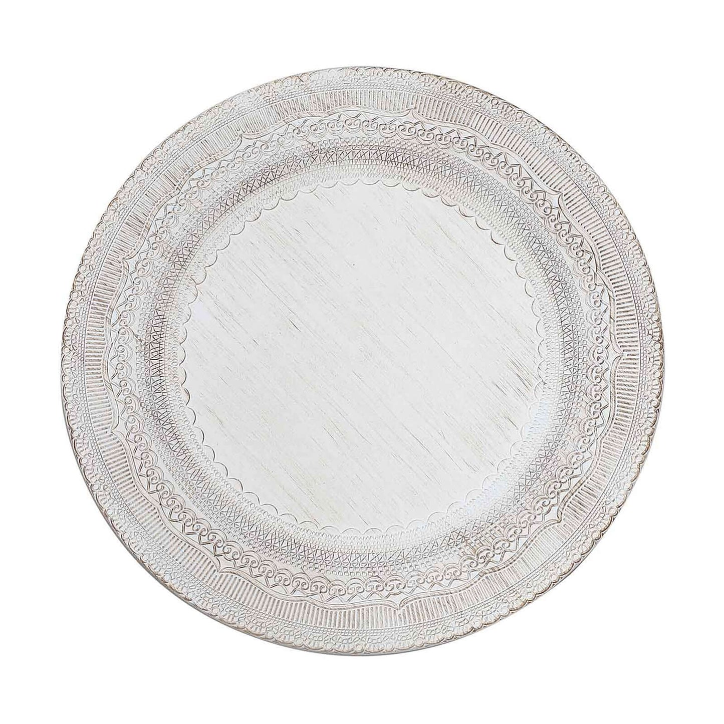 6-Pack Acrylic Round Charger Plates 13" in White with Lace Embossed Rim, Rustic Plastic Decorative Charger Tableware