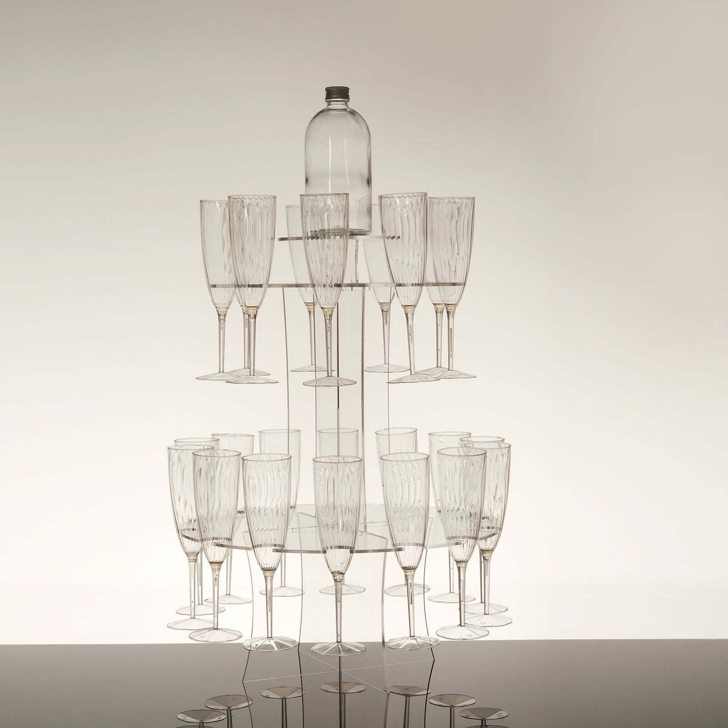 3-Tier Round Champagne Glass Holder Tower Clear Acrylic + 1 Bottle for Professional & Home Use 21"
