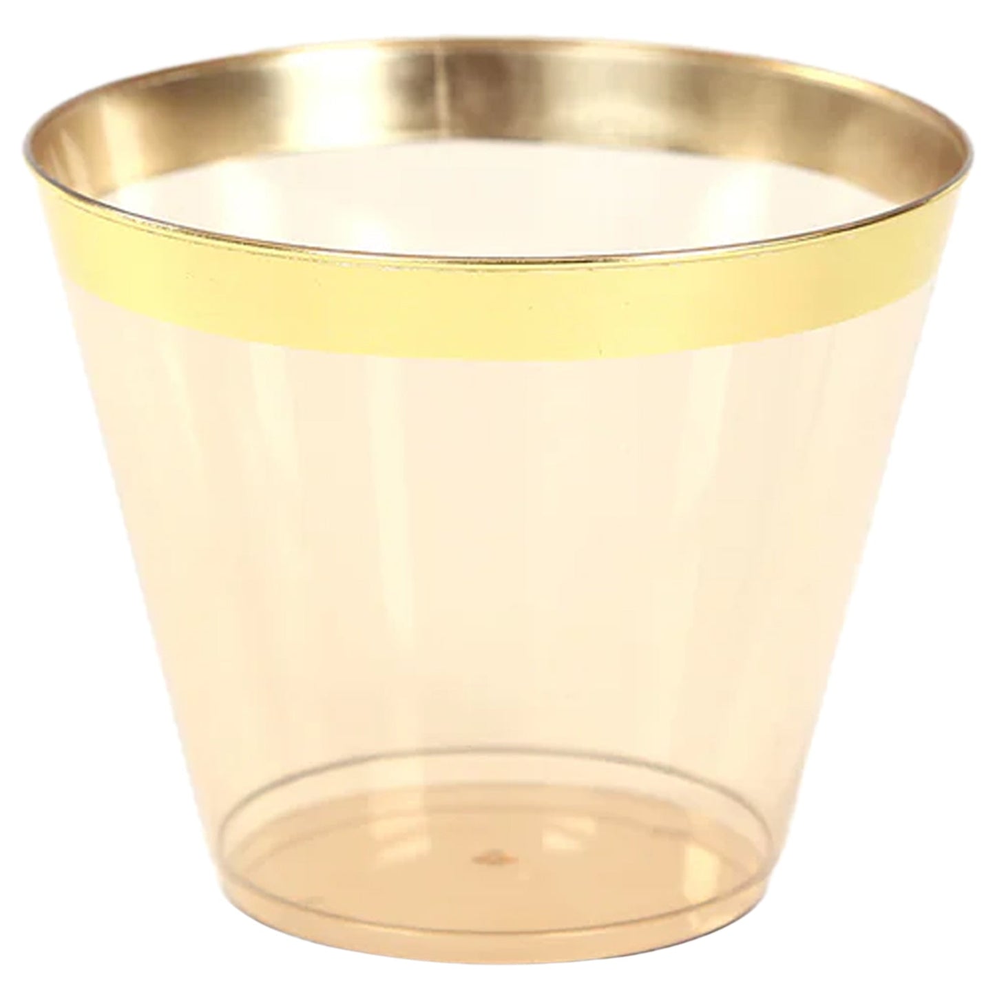 25-Pack Plastic Party Cups Transparent Amber Gold Crystal with Gold Rim - Stylish Short Disposable Glasses 9oz