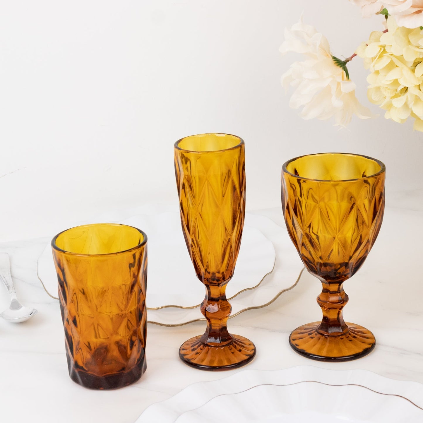 6-Pack Whiskey Glasses Amber Gold Textured Crystal Cut Design with Heavy Base - Transparent Highball Tumblers for Parties & Events 12oz 5"