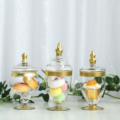 Set of 3 Glass Jars Apothecary Design Clear with Gold Trim and Snap-On Lids - Stylish Decorative Candy Buffet Storage 8.5", 9", 10"