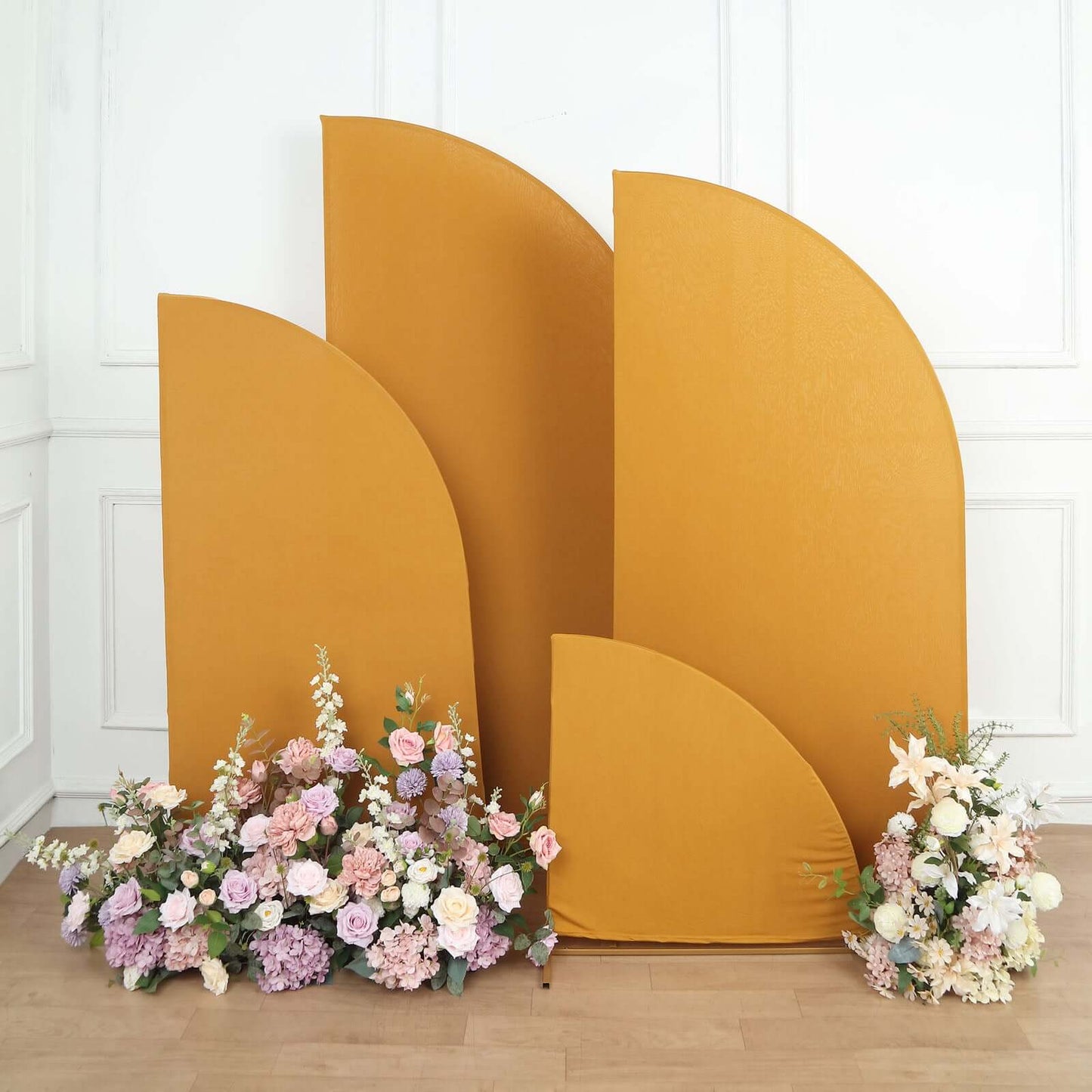 Set of 4 Matte Gold Spandex Half Moon Chiara Backdrop Stand Covers, Custom Fitted Wedding Arch Covers - 2.5ft,5ft,6ft,7ft