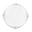 10-Pack Plastic 10" Round Dinner Plates in White with Silver Leaf Embossed Rim - Disposable Vintage Baroque Style Plates