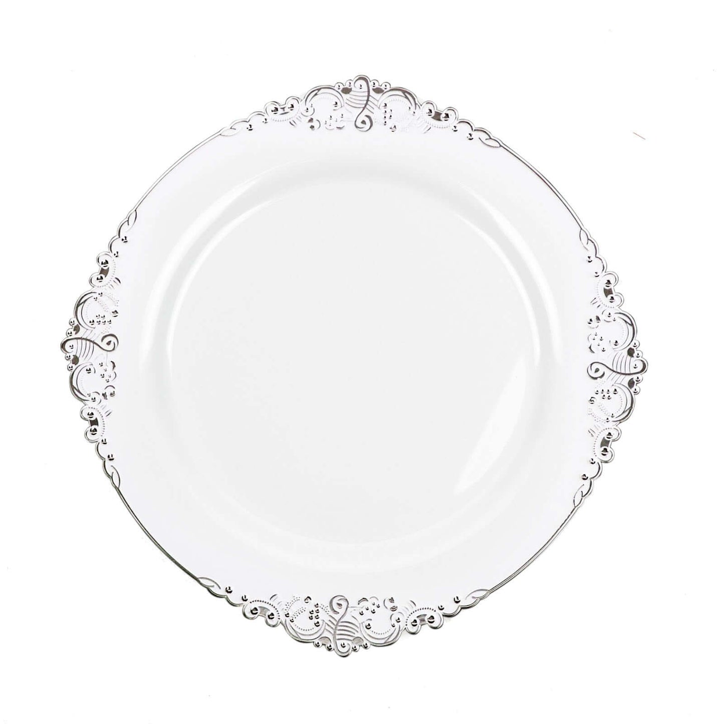 10-Pack Plastic 10" Round Dinner Plates in White with Silver Leaf Embossed Rim - Disposable Vintage Baroque Style Plates