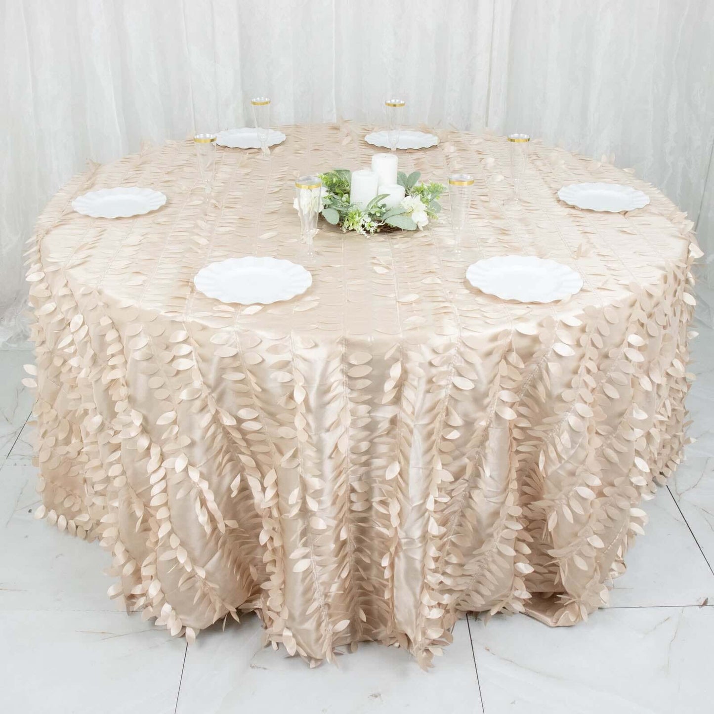 Taffeta 132" Round Tablecloth Beige | 3D Leaf Petal Design Seamless Table Cover