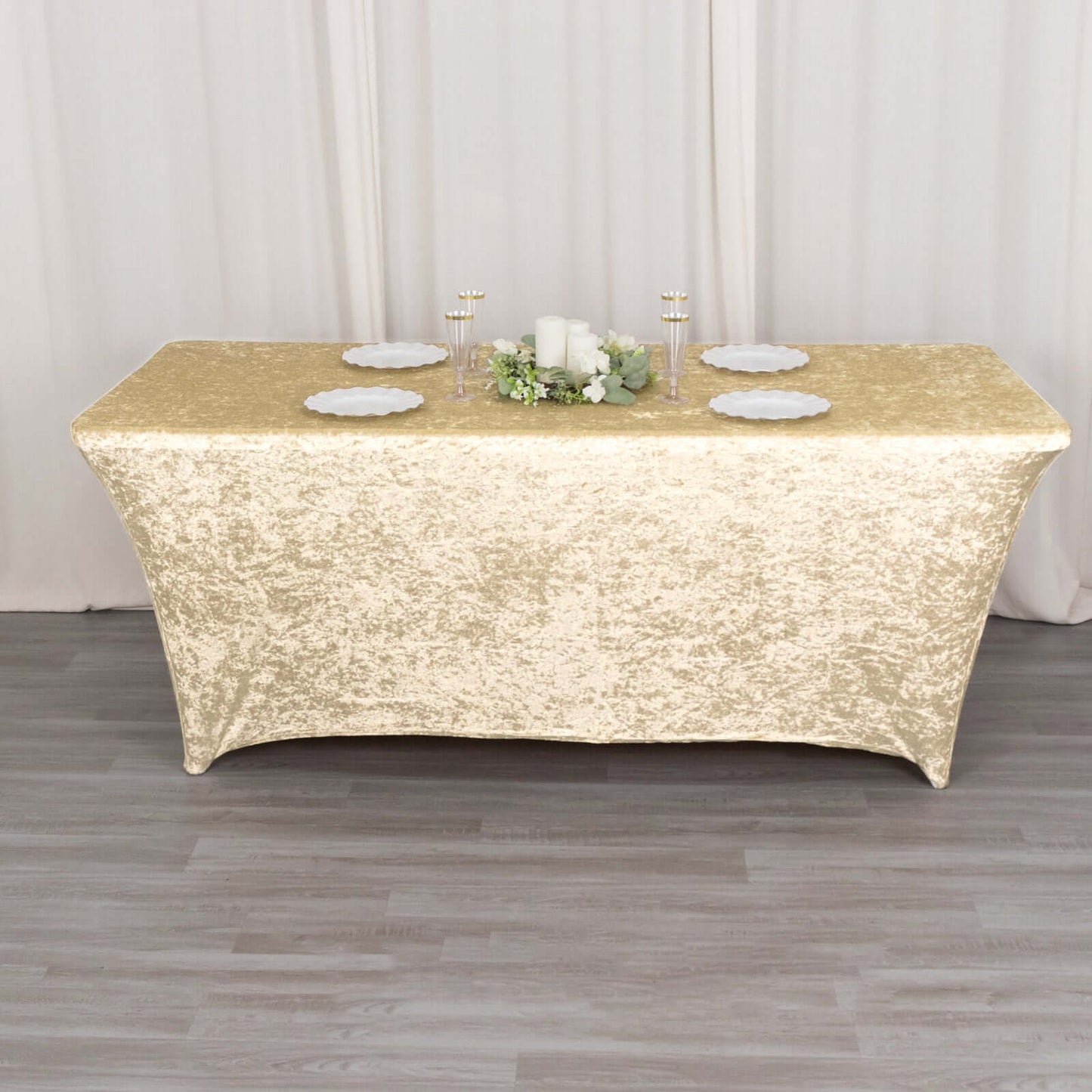 Crushed Velvet Fitted Rectangular 6ft Table Cover Beige - Wrinkle-Free Stretchy Tablecloth