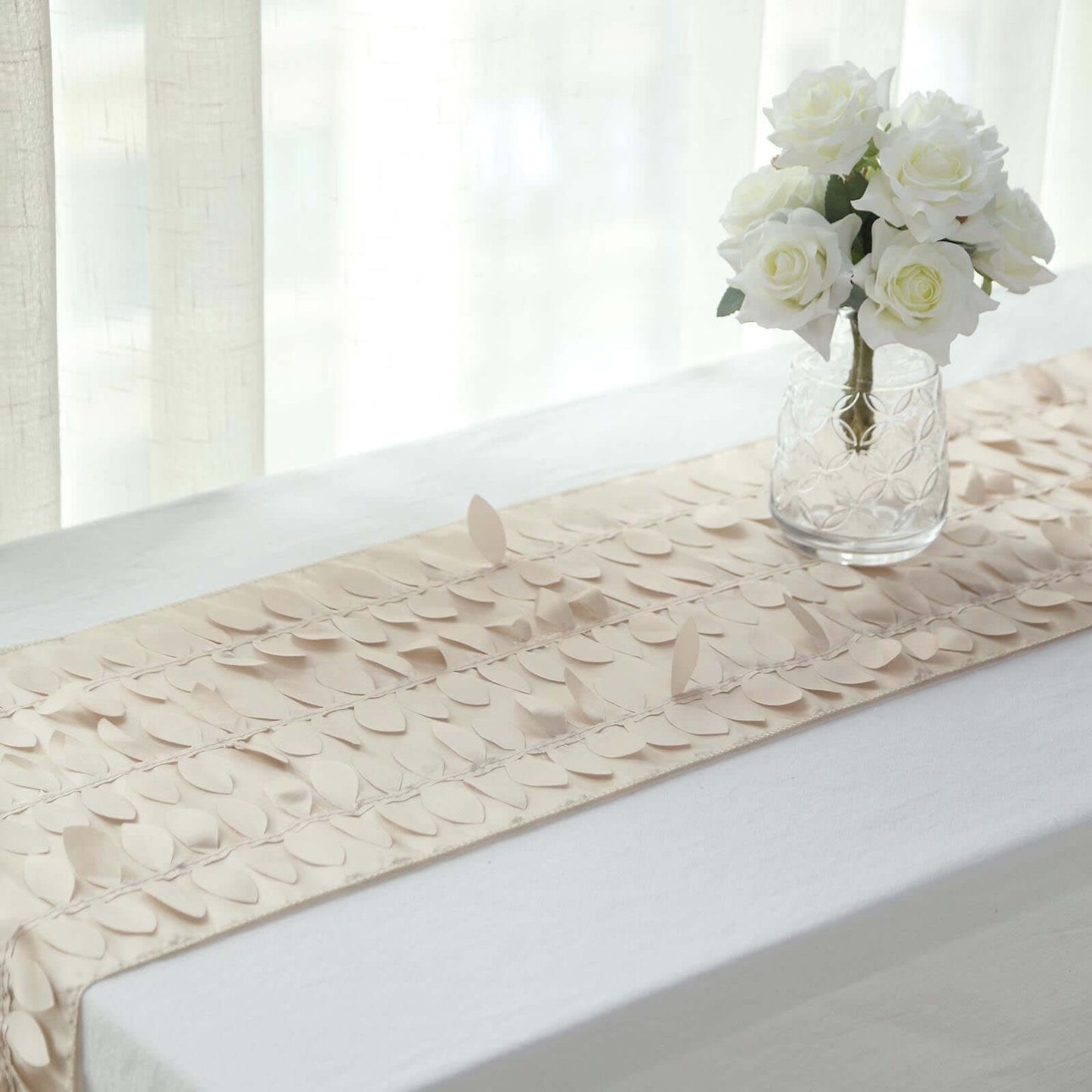 Taffeta Fabric 12"x108" Table Runner Beige - 3D Leaf Petal Design