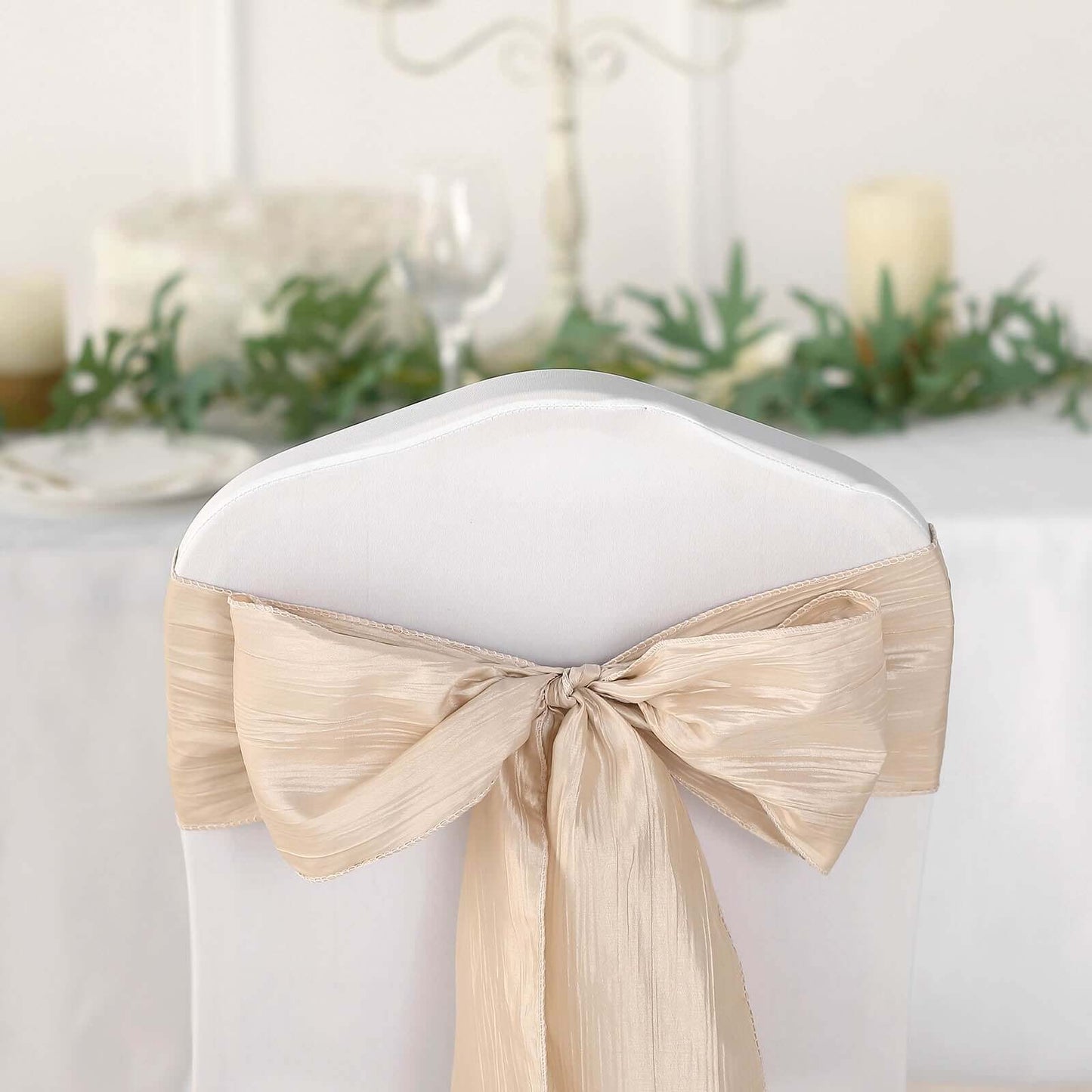 5 Pack Taffeta 6"x106" Chair Sashes Beige Accordion Crinkle Texture - Stylish Decor for Weddings & Gatherings