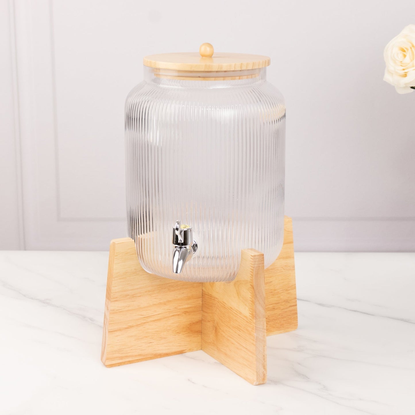 1 Gallon Clear Ribbed Glass Beverage Dispenser, Round Juice Jar with Wooden Stand and Lid - Lead-Free Countertop Feature 14"