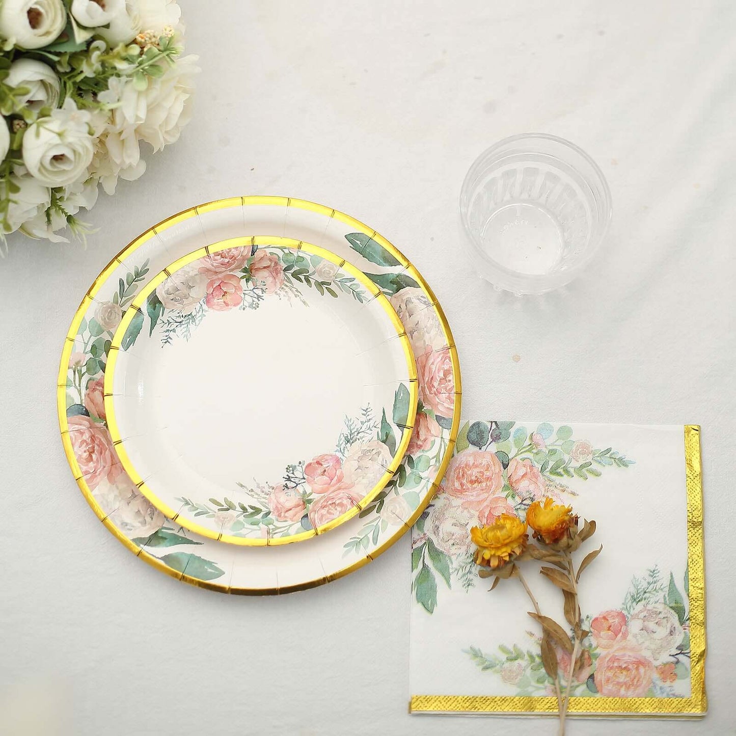 20-Pack Paper Cocktail Napkins with Pink Peony Floral Design and Gold Trim White - 2 Ply Wedding Beverage Napkins 18GSM