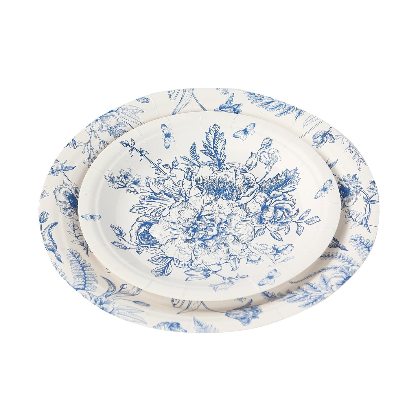 50-Pack Paper Round Dessert and Dinner Plates in White with Blue French Toile Pattern 7", 9"