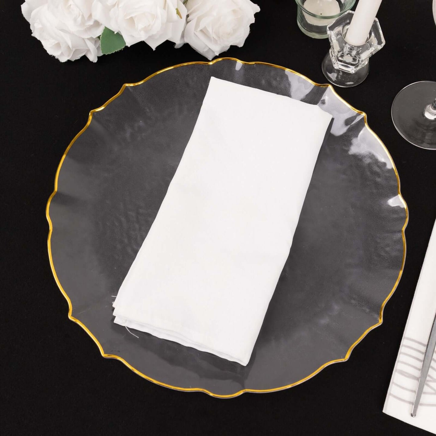 20 Pack Economy Plastic Round Charger Plates 13" in Clear Sunflower Design with Gold Scalloped Rim - Table Setting Plates