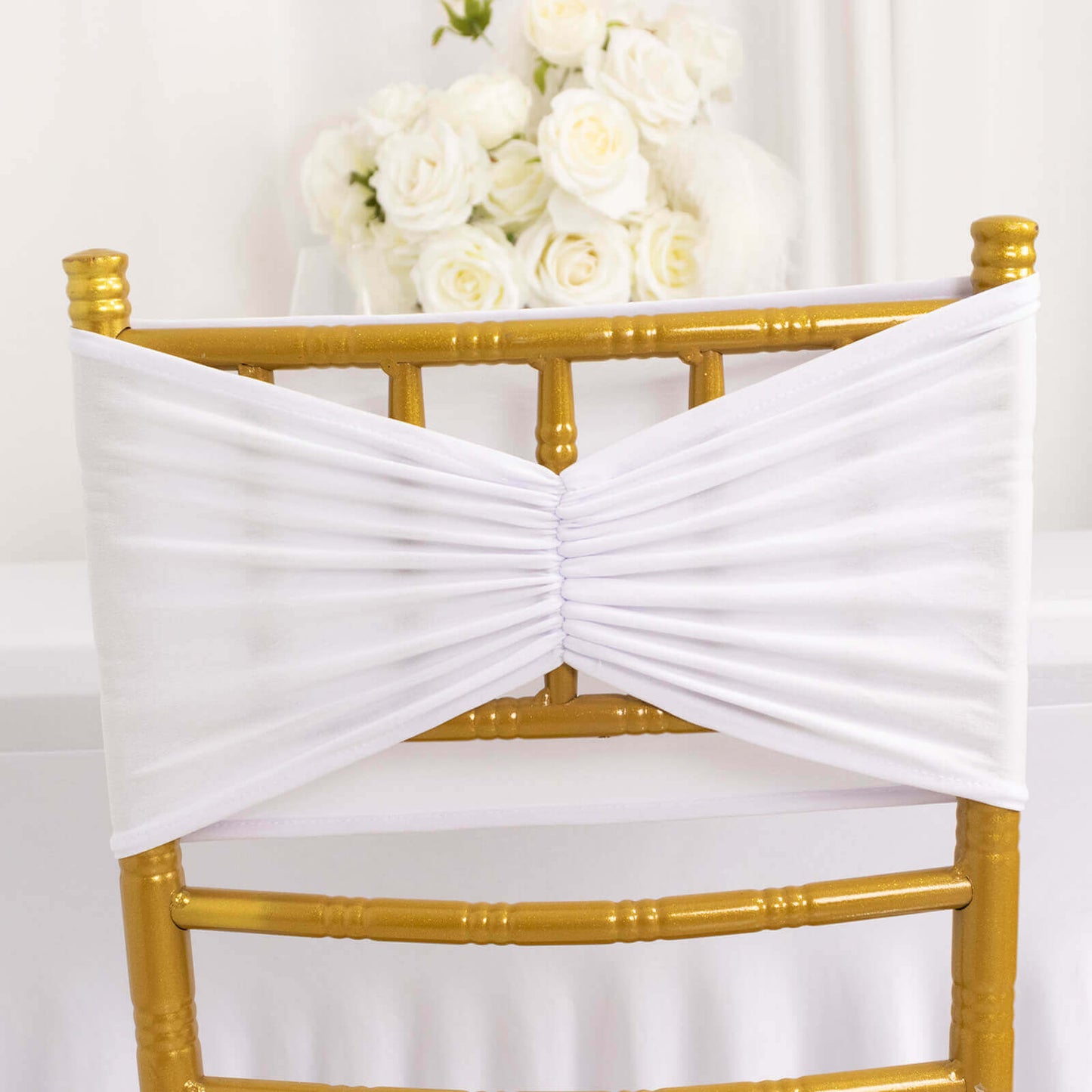 5 Pack Spandex Chair Sashes White Ruffled Style - Wide Easy to Use Stretch Chair Bands for Classy Wedding and Event Decor 8"x13"