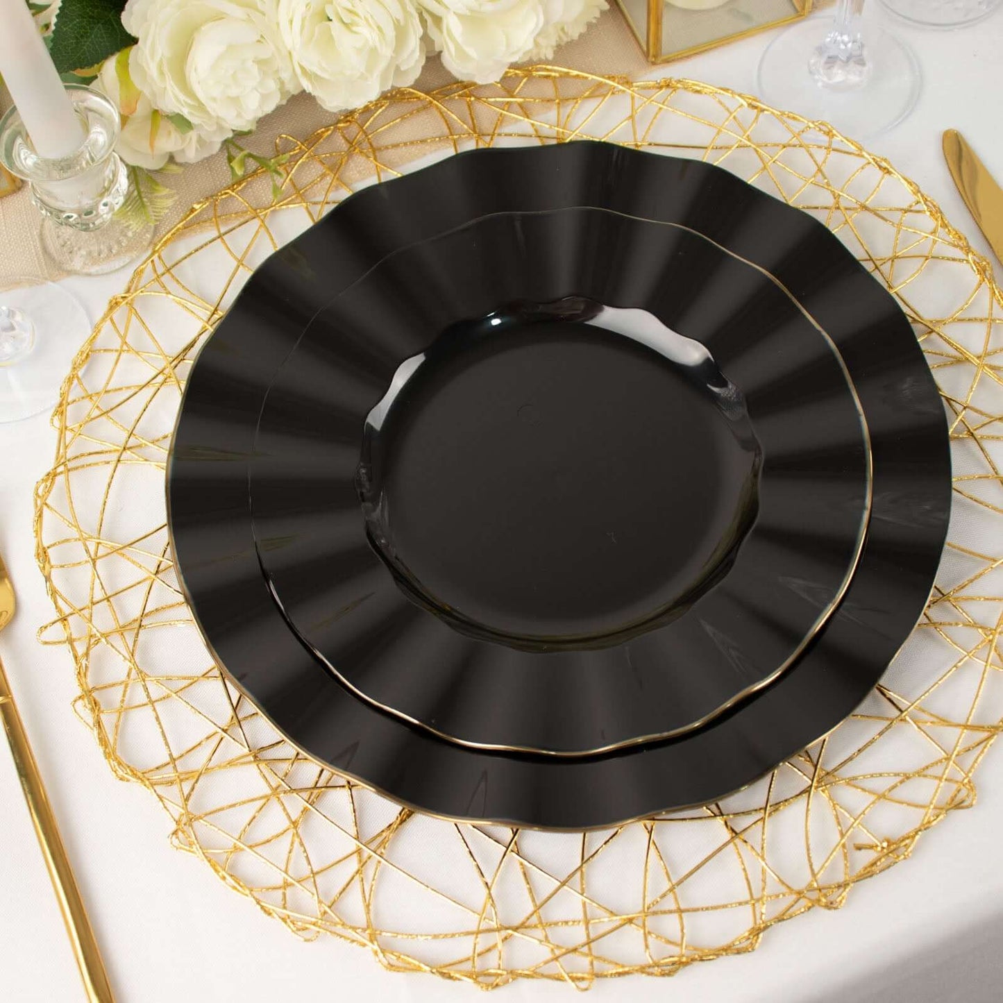 10-Pack Plastic 9" Round Dinner Plates in Black Ruffled Rim with Gold Edging - Sturdy Disposable Dinnerware