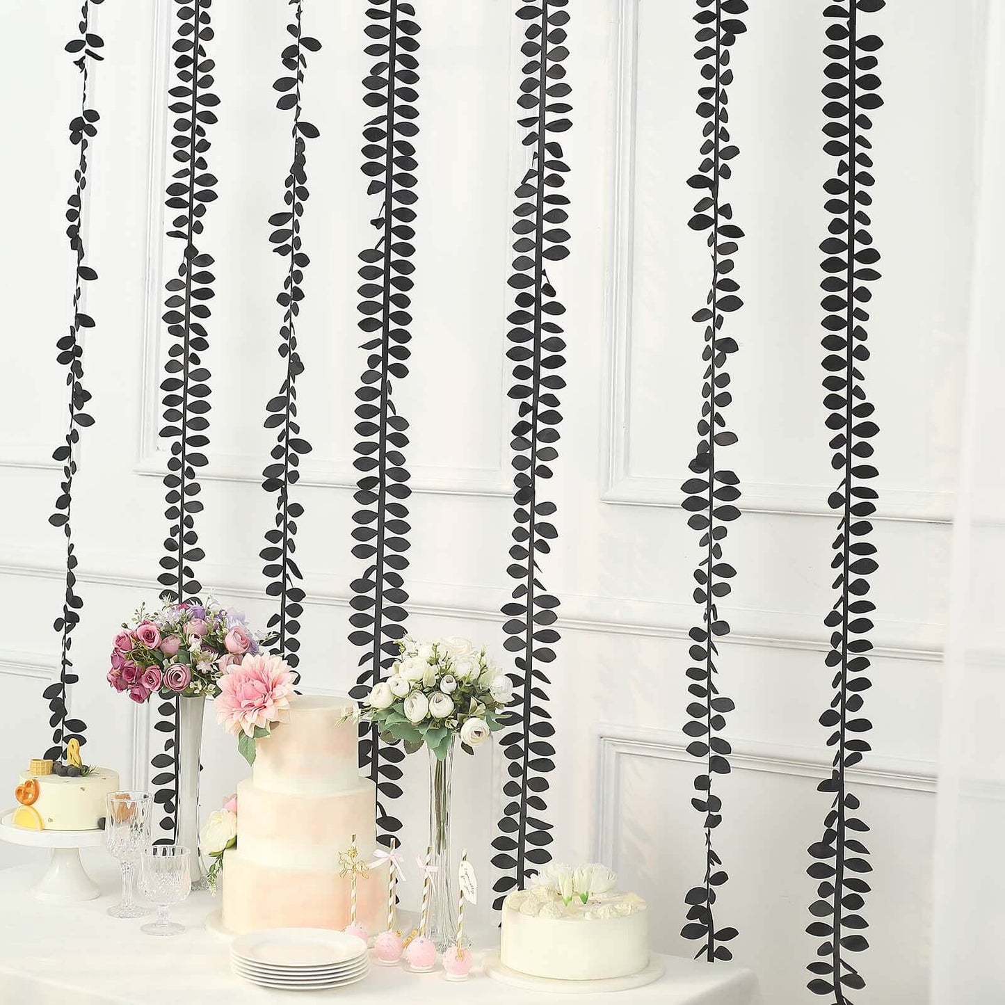 Taffeta Ribbon Sash with 4" Leaf Petal Design Black 50ft - Sophisticated Artificial Fabric Garland for Events