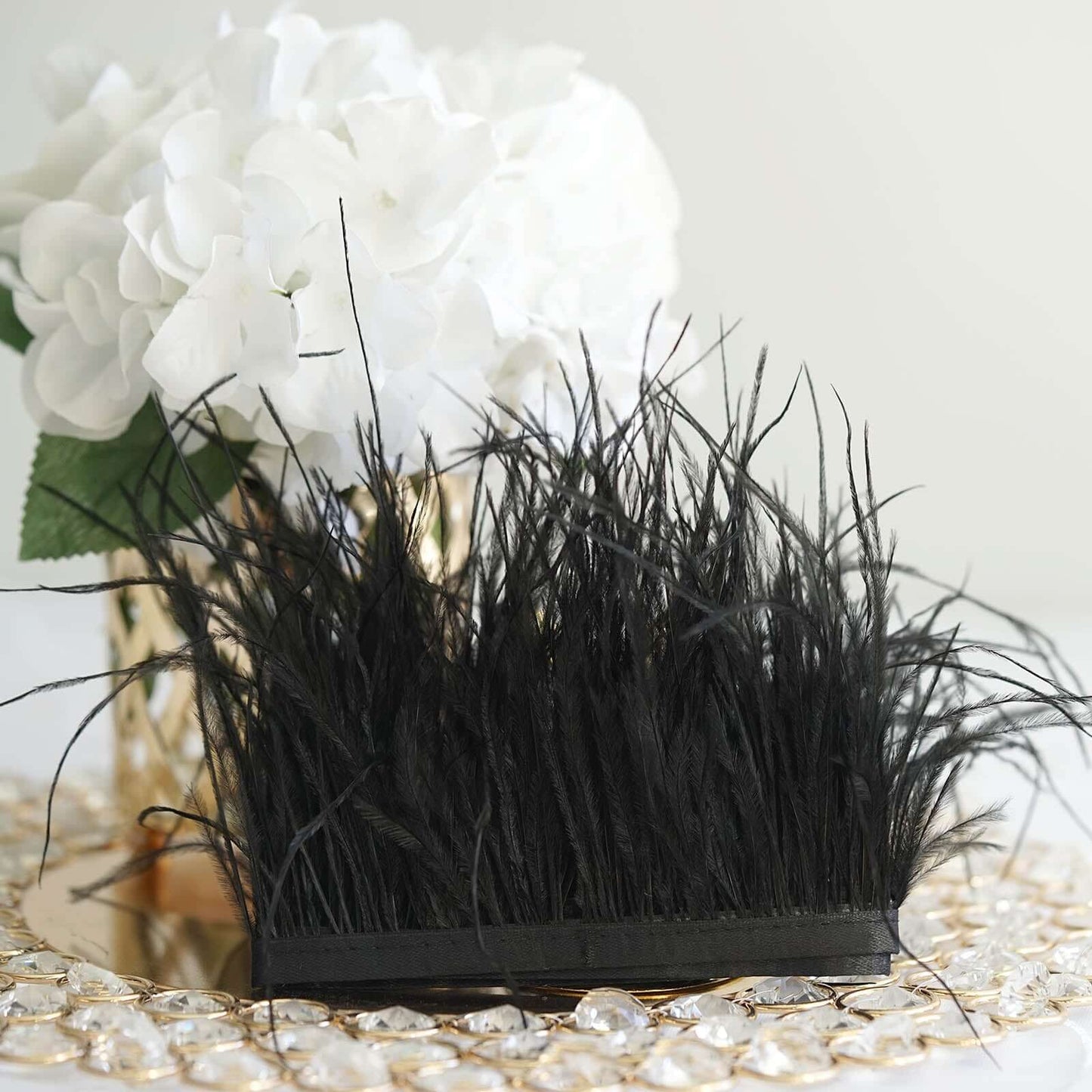 39" Black Real Ostrich Feather Fringe Trim With Satin Ribbon Tape