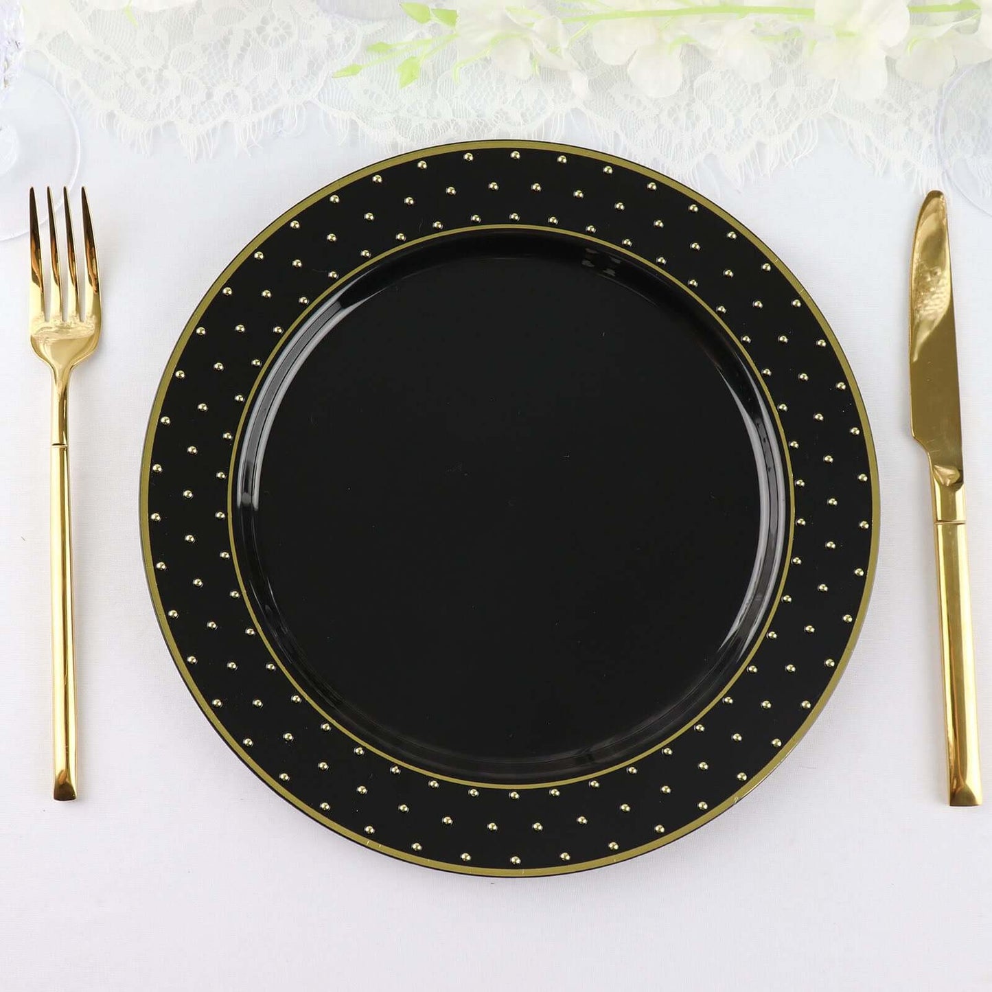 10-Pack Plastic 10" Round Dinner Plates in Black with Gold 3D Polka Dotted Rim - Sturdy Disposable Party Plates for Modern Themed Events & Banquets